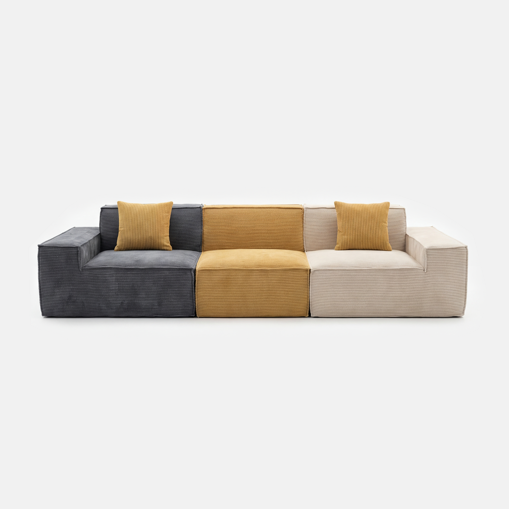 Kivo Modular Block Lounge Chair with charcoal, mustard, and cream mix-and-match modules