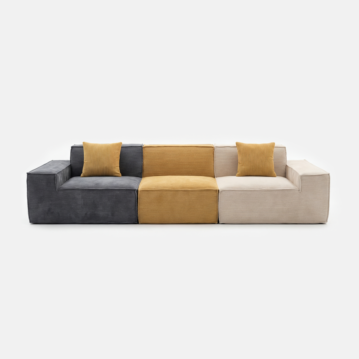 Kivo Modular Block Lounge Chair with charcoal, mustard, and cream mix-and-match modules
