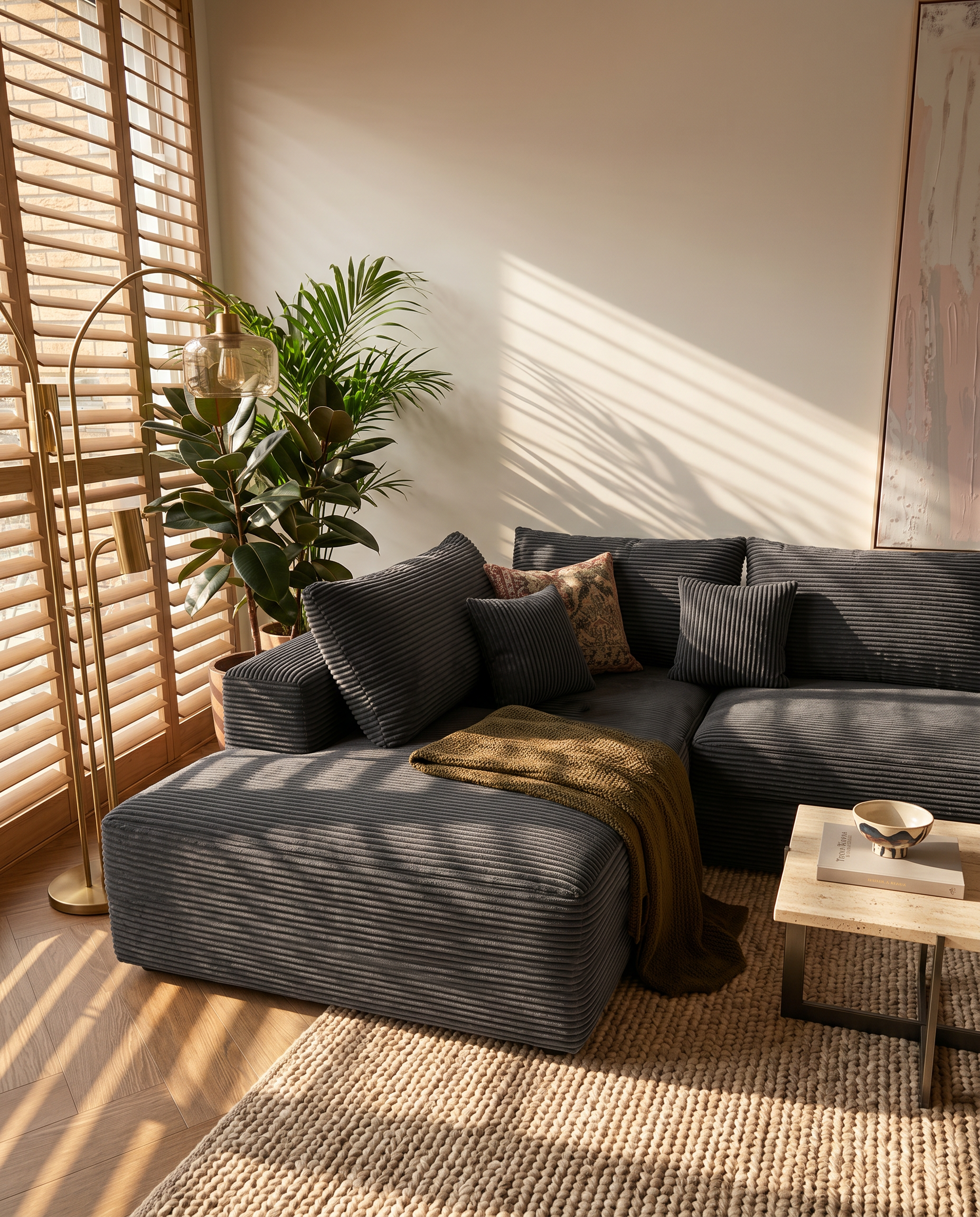 Lune Corduroy L-Shape Sectional with tailored upholstery across modular pieces
