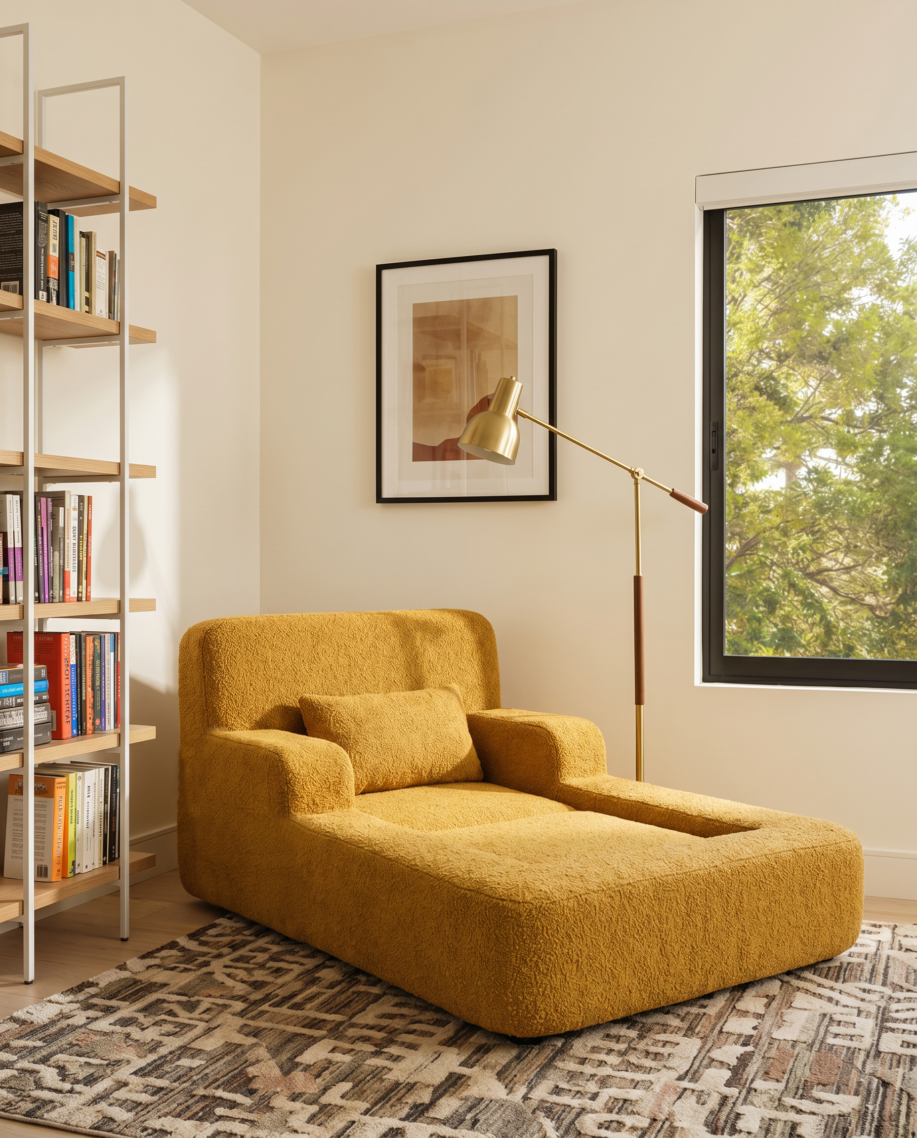 Mimi Kids Accent Lounge Chair in Yellow styled in a cozy reading corner