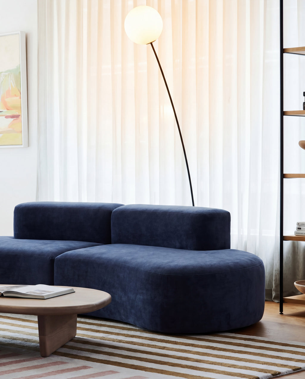Casia Navy Wave Lounge Sofa video showing flexible layouts for corner, open-plan, and studio spaces