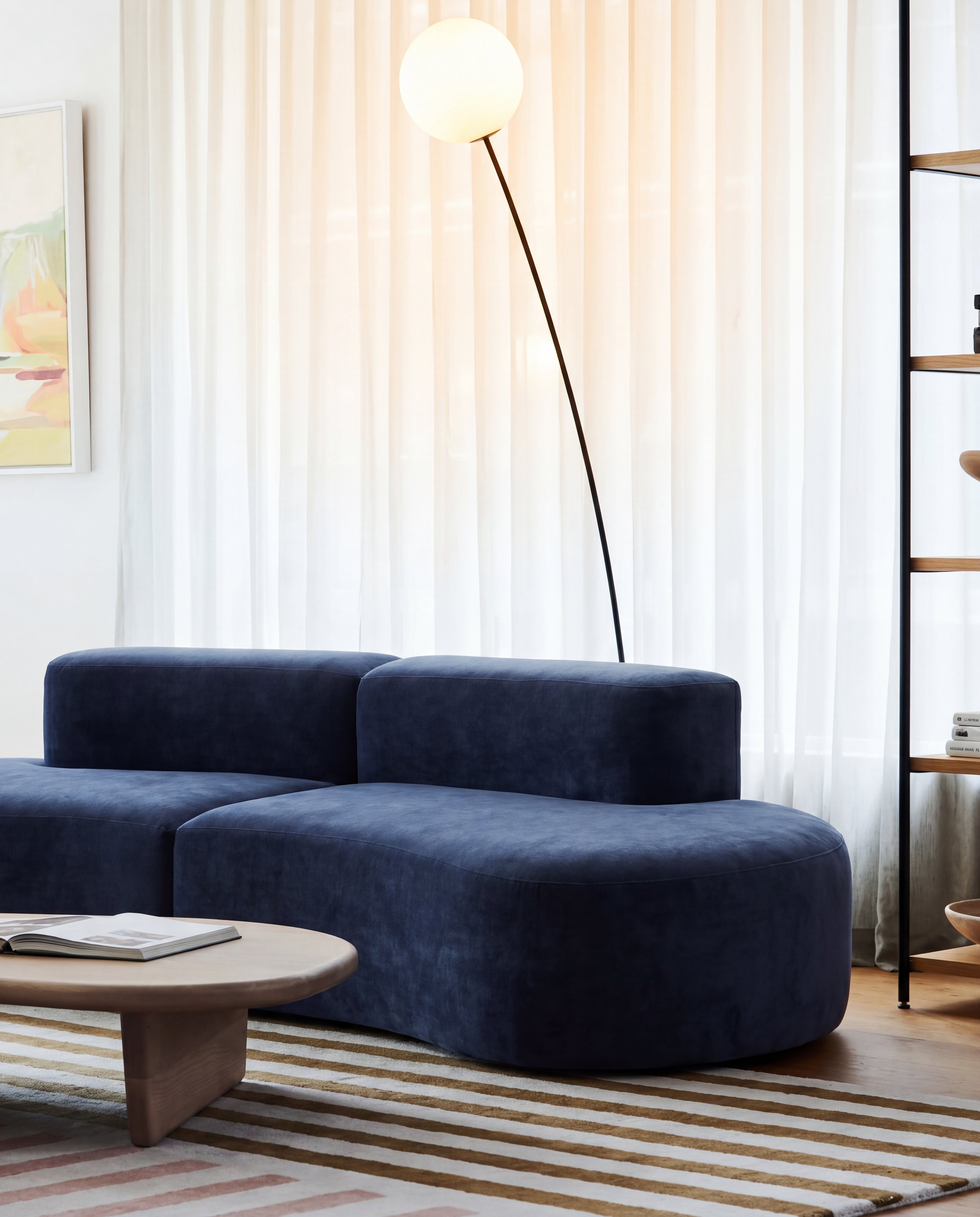 Casia Navy Wave Lounge Sofa video showing flexible layouts for corner, open-plan, and studio spaces