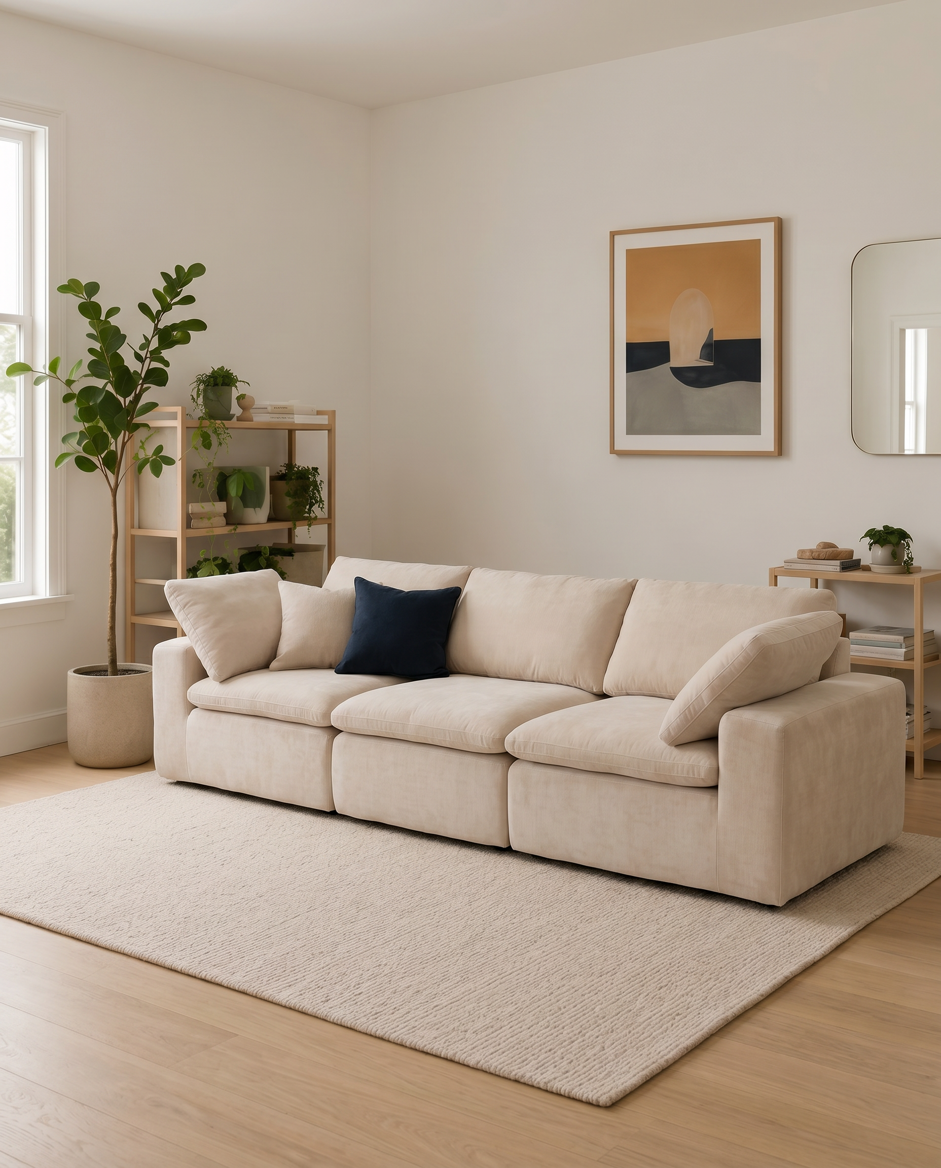 Aero wide-arm modular sectional sofa styled in a warm modern living room