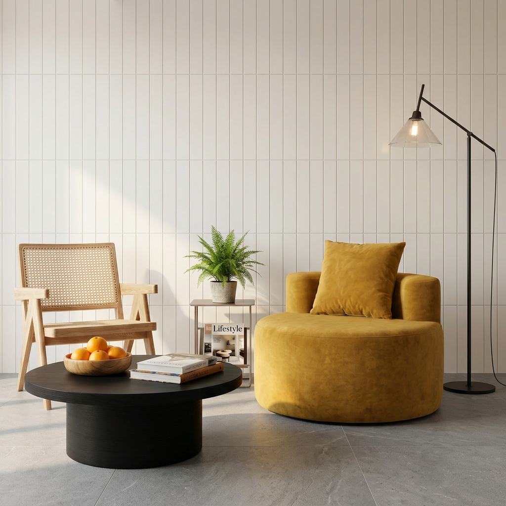 Cloud Round Accent Lounge Chair in Yellow styled in a cozy lounge corner with warm lighting