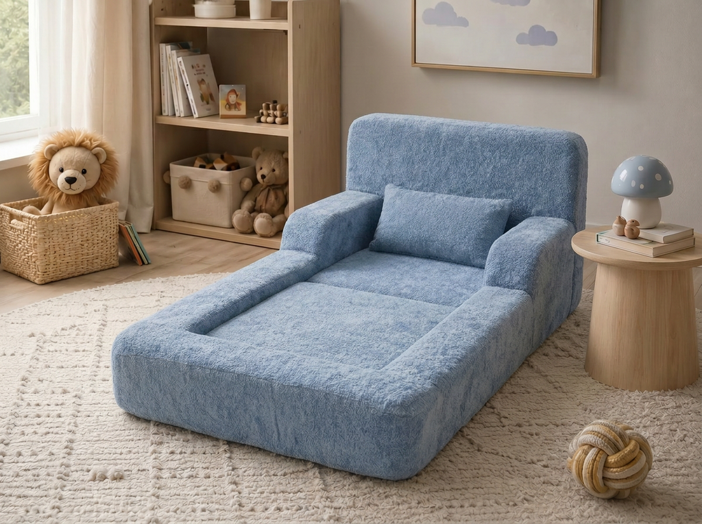 Mimi Kids Lounge Chair in Blue styled in a cozy kids playroom