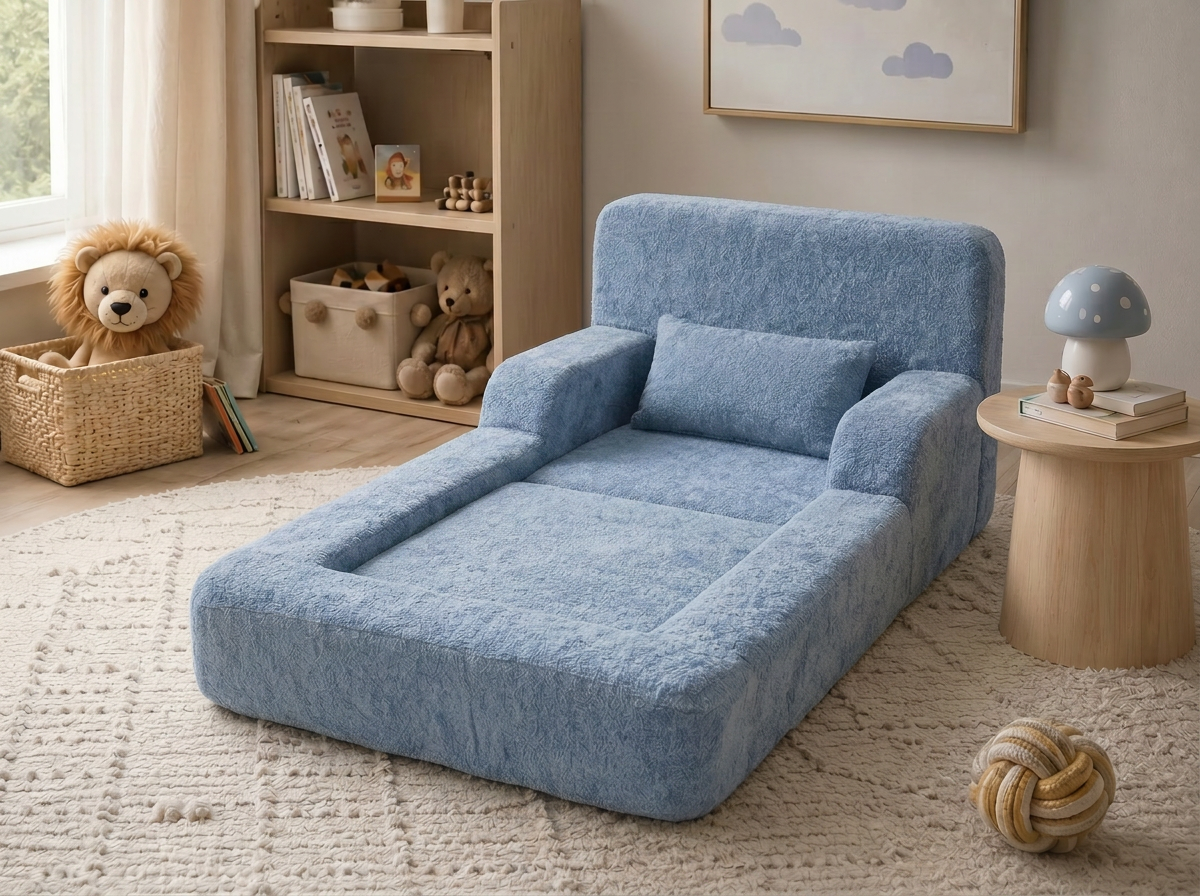 Mimi Kids Lounge Chair in Blue styled in a cozy kids playroom