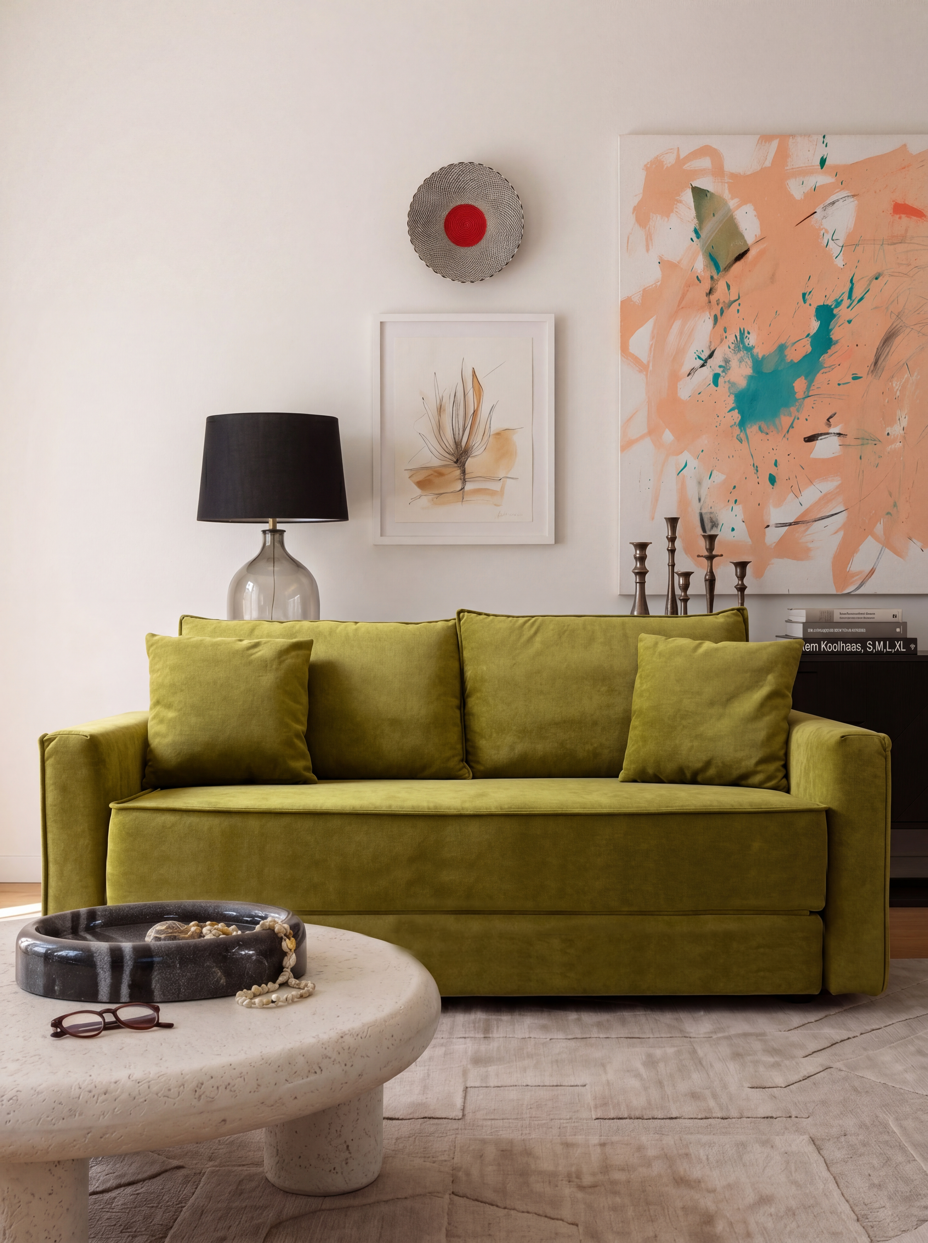 Terra Low-Profile Sleeper Sofa in Moss styled in a modern living room