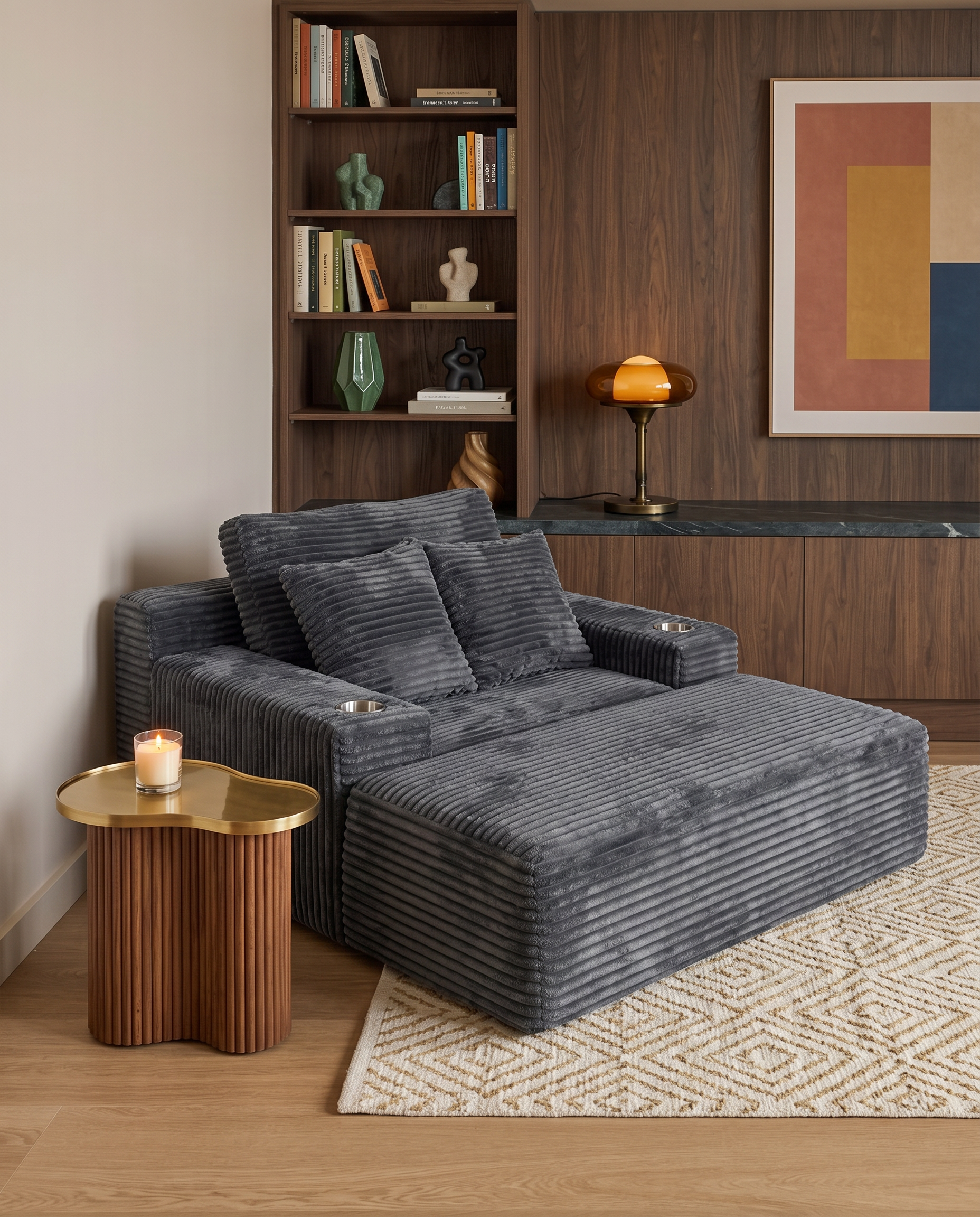 Lune Charcoal Compact Chaise Lounge styled in a warm modern living room