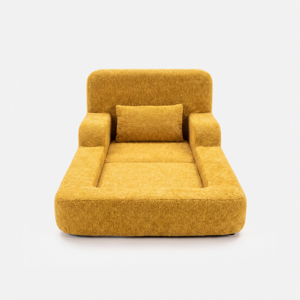 Mimi Kids Lounge Chair in Yellow with cushioned seat, armrests, and soft pillow