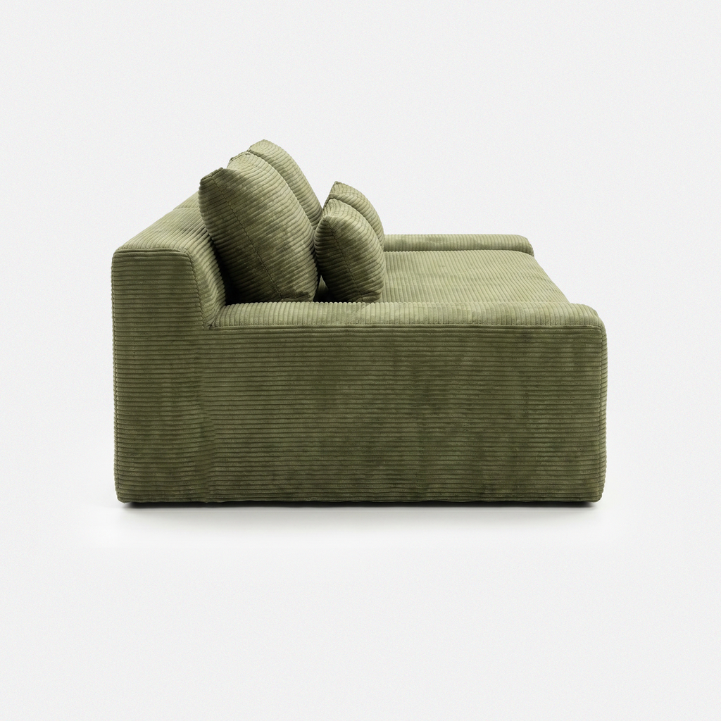 Haven Low-Profile Sleeper Sofa in Moss side view with plush corduroy texture