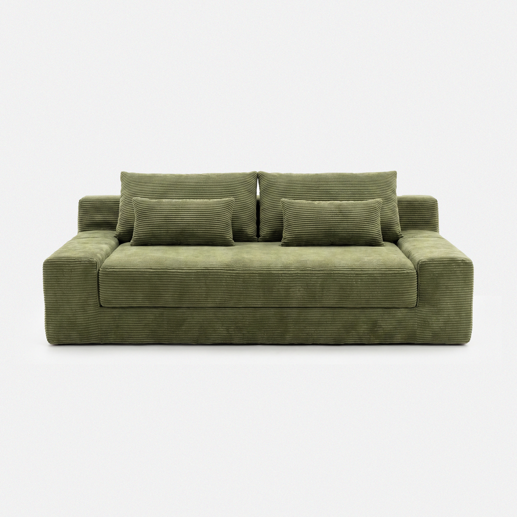 Haven Low-Profile Sleeper Sofa in Moss with plush corduroy texture and wide seat design
