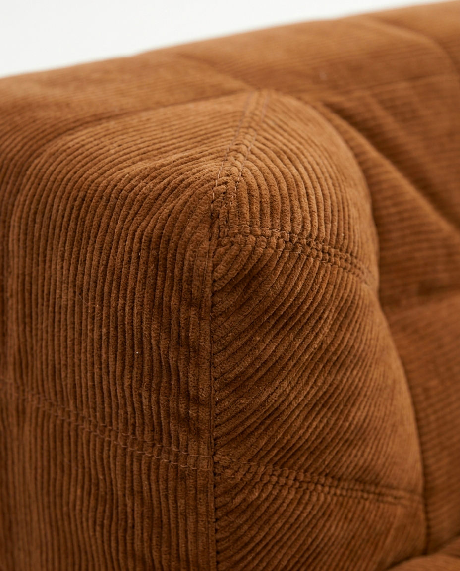 Plush Tufted Lounge Loveseat in Tangerine with corduroy armrest and seam detail