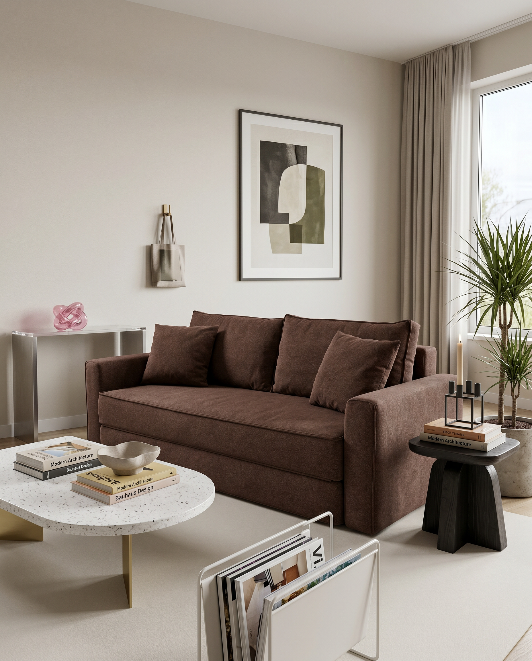 Terra Low-Profile Sleeper Sofa in Brown styled for everyday lounging