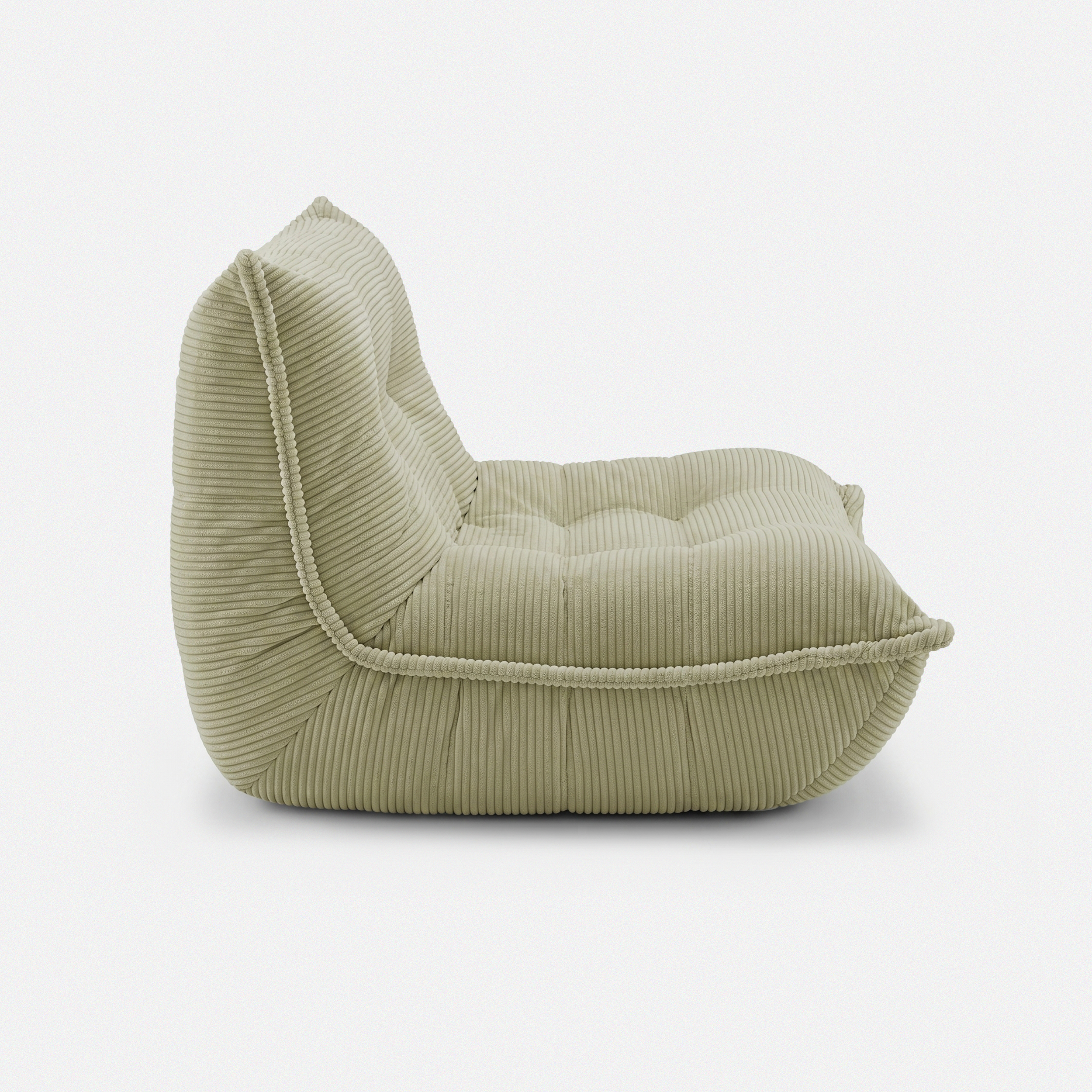 Lune Cream Lounge Chair in Moss side view with curved low-profile design