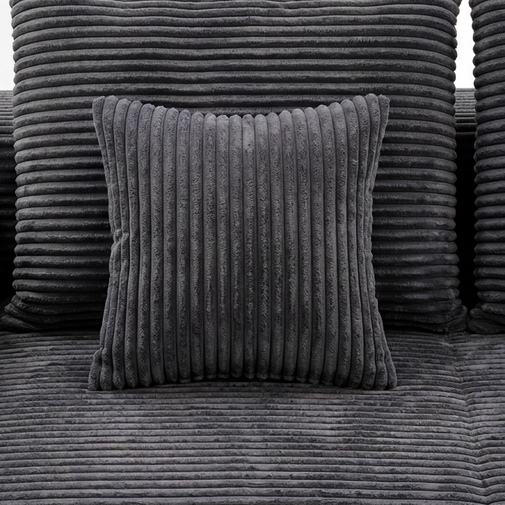 Lune Corduroy L-Shape Sectional cushion detail with black plush corduroy pillow and upholstery