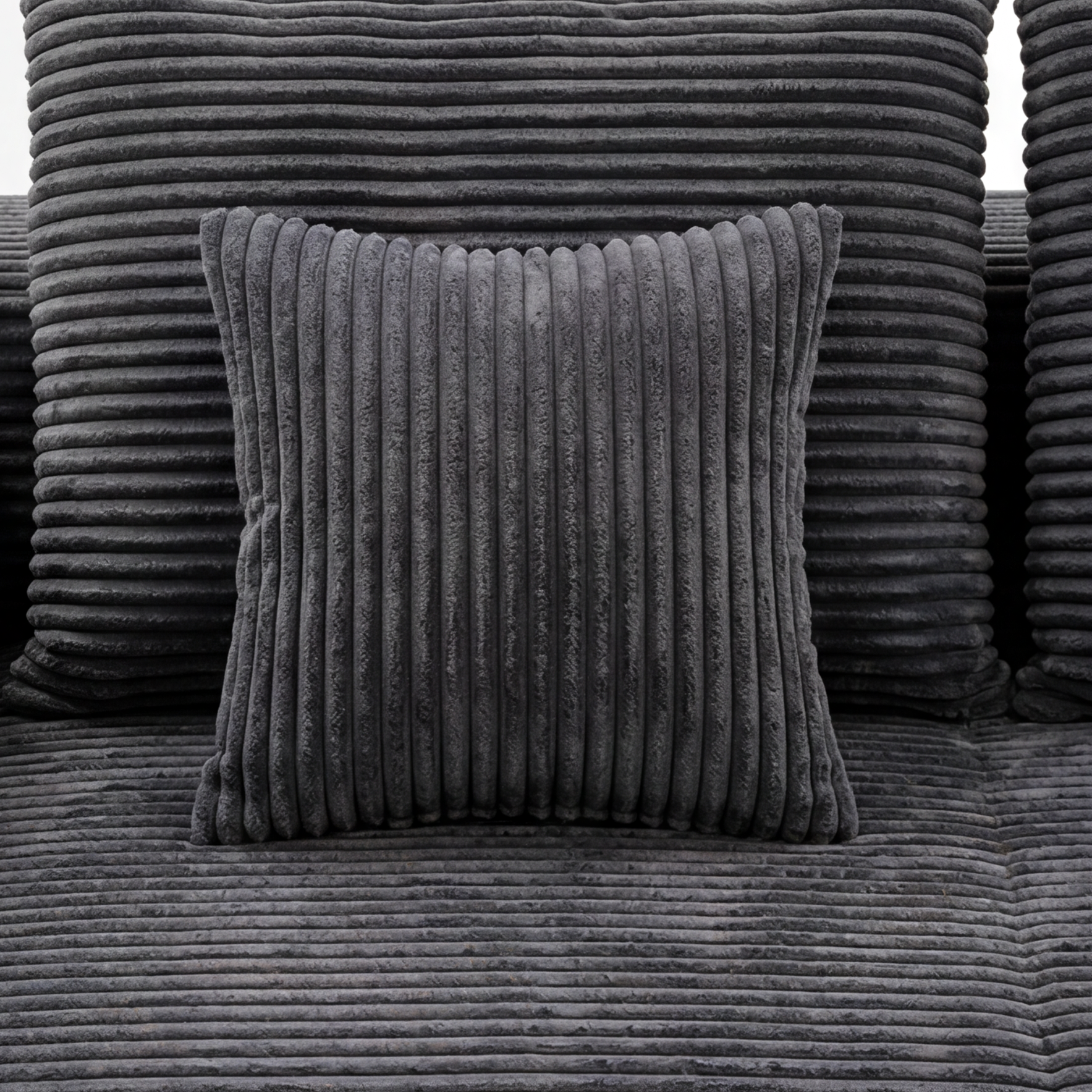 Lune Corduroy L-Shape Sectional cushion detail with black plush corduroy pillow and upholstery