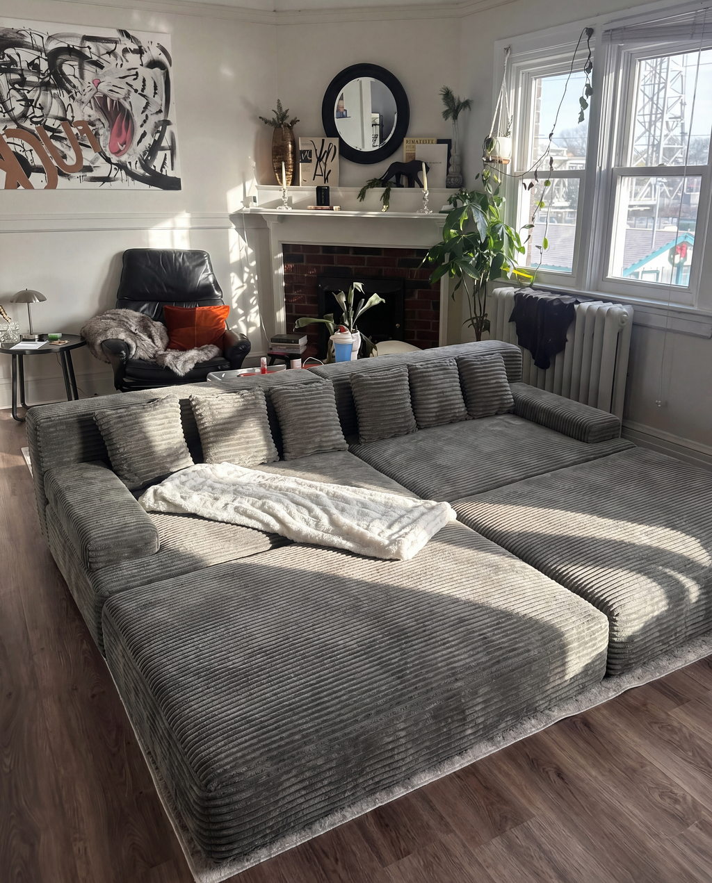 Lune Corduroy Horizon Sectional Sofa styled in a warm modern living room