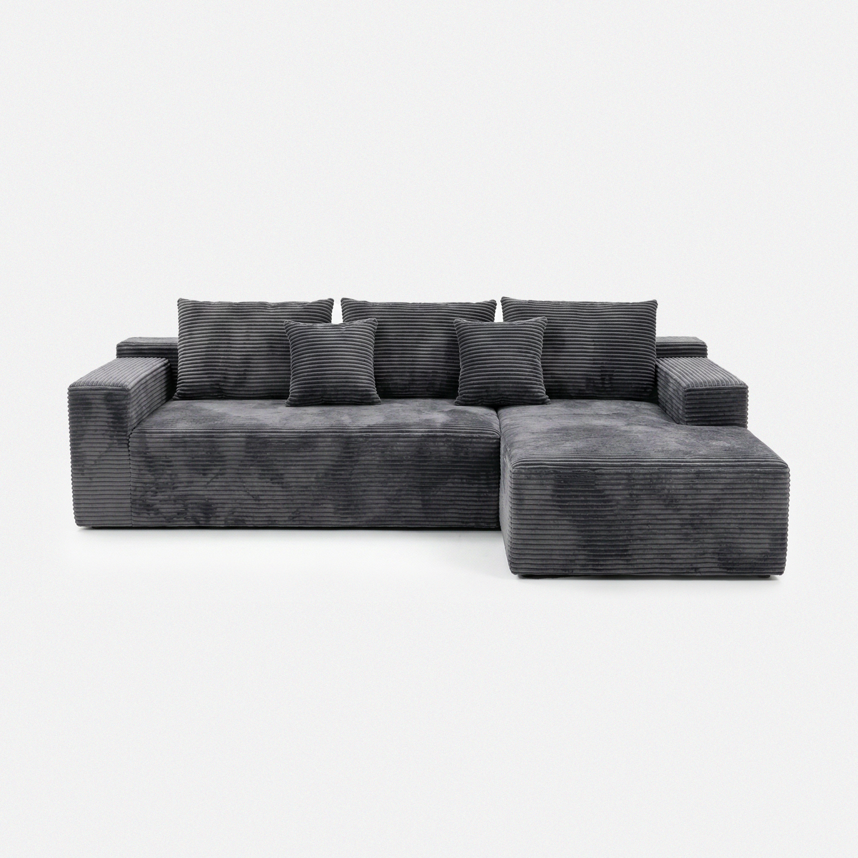 Lune Corduroy L-Shape Sectional in black plush corduroy with chaise lounge and layered cushions