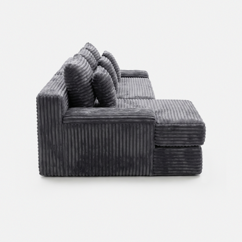 Side view of Rumi Chaise Sectional Sofa with deep seat and chaise lounge