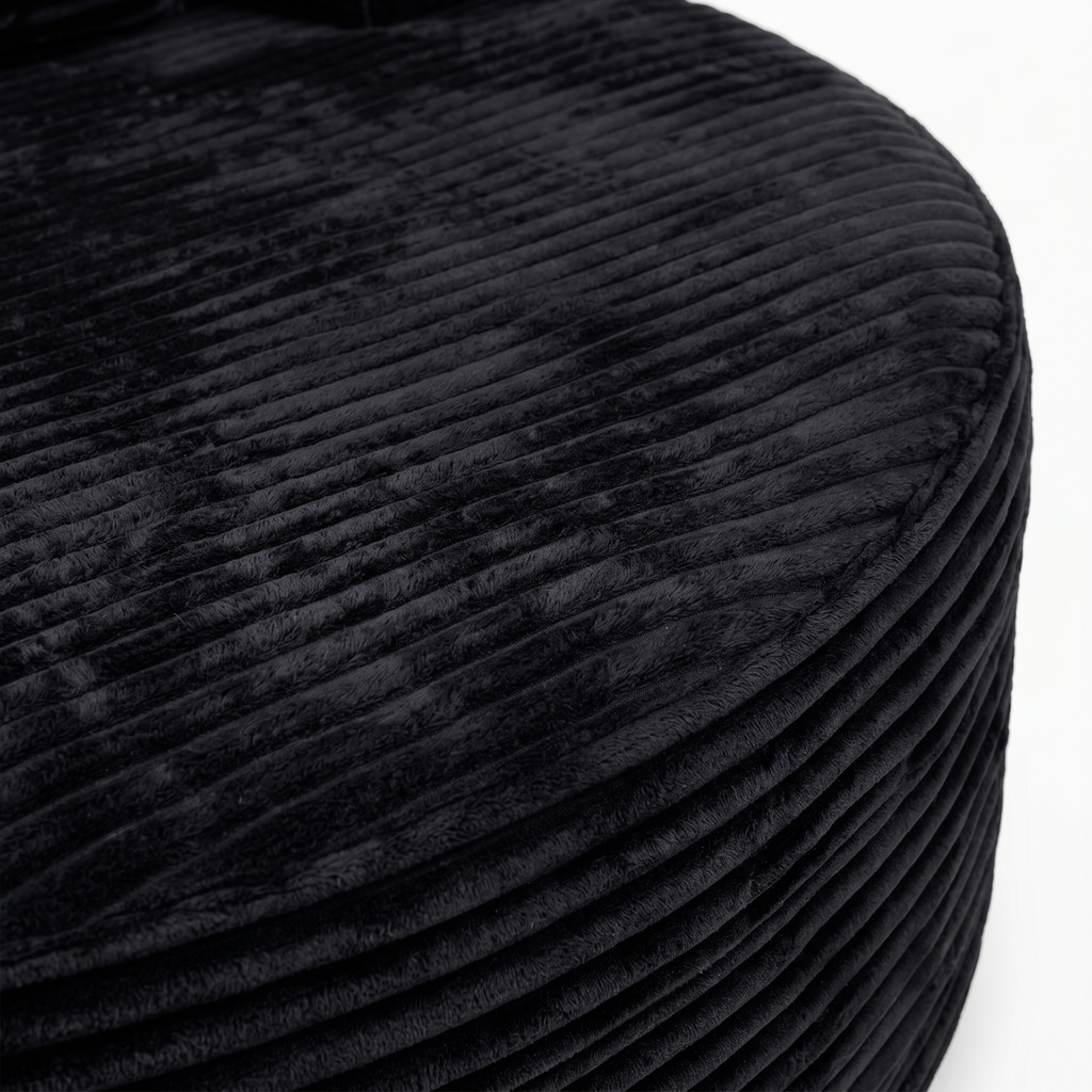 Noma Charcoal Deep Lounge Chair round seat edge detail with ribbed corduroy fabric