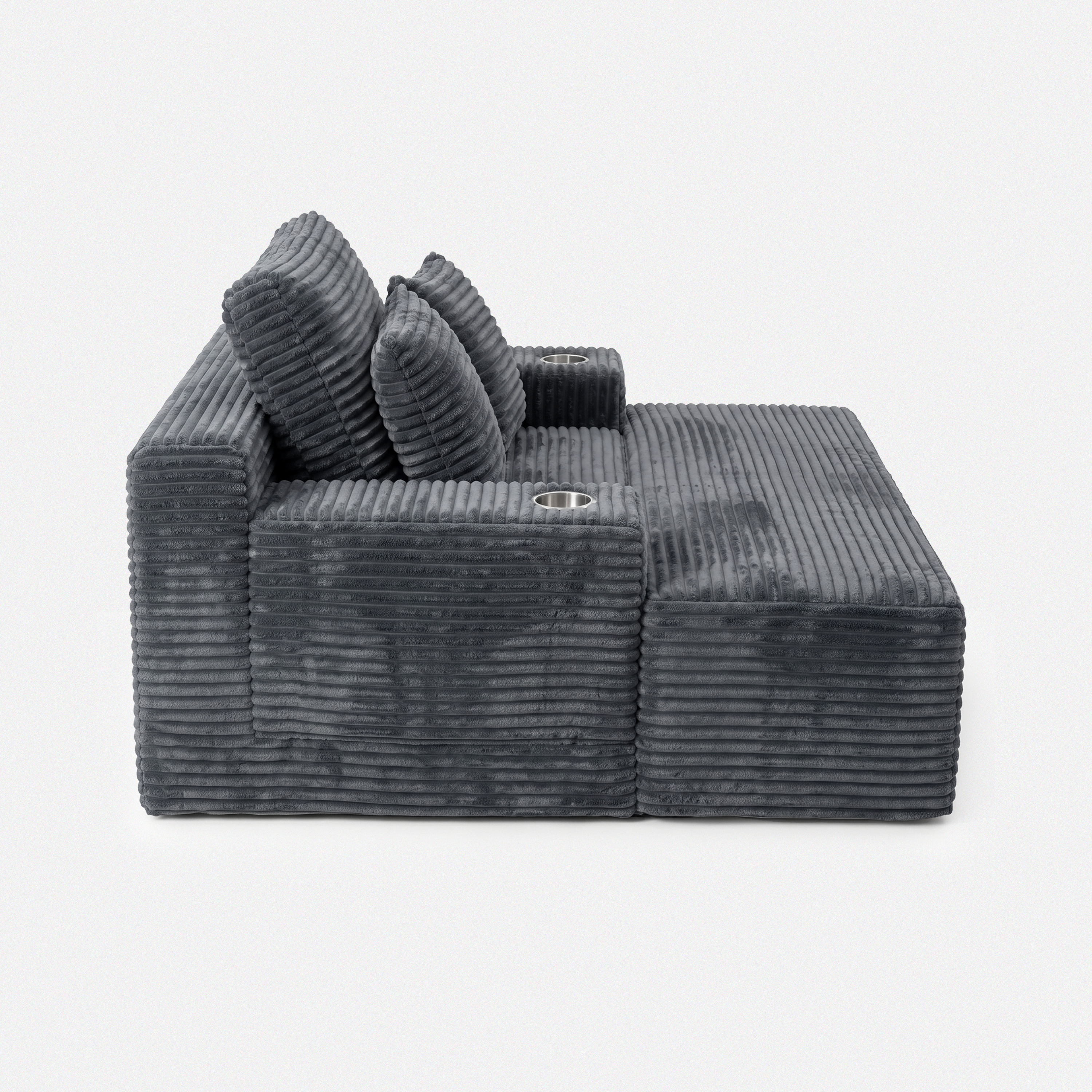 Side view of the Lune Charcoal Compact Chaise Lounge showing its deep seat, angled back cushions, and built-in cup holders