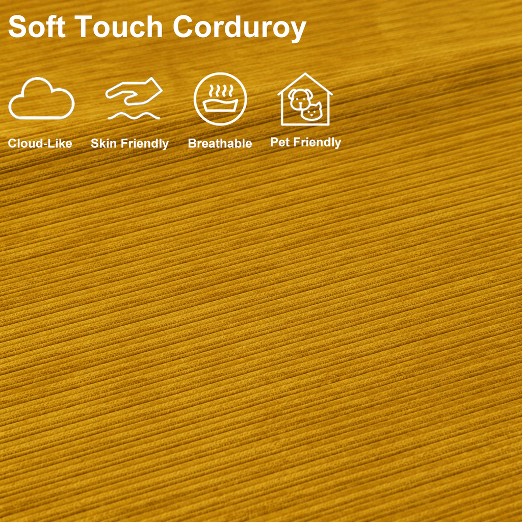 Close-up of mustard yellow plush corduroy fabric with a soft, breathable, skin-friendly and pet-friendly texture.
