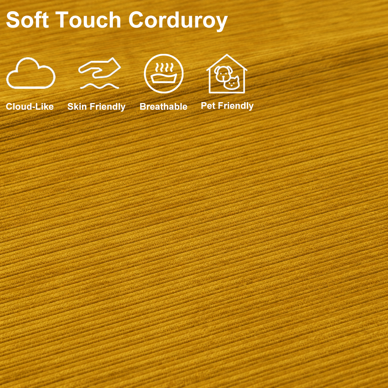 Close-up of mustard yellow plush corduroy fabric with a soft, breathable, skin-friendly and pet-friendly texture.