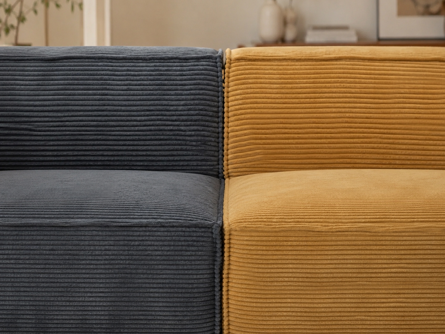 Kivo Modular Sofa detail showing charcoal and mustard corduroy modules with no-tool setup
