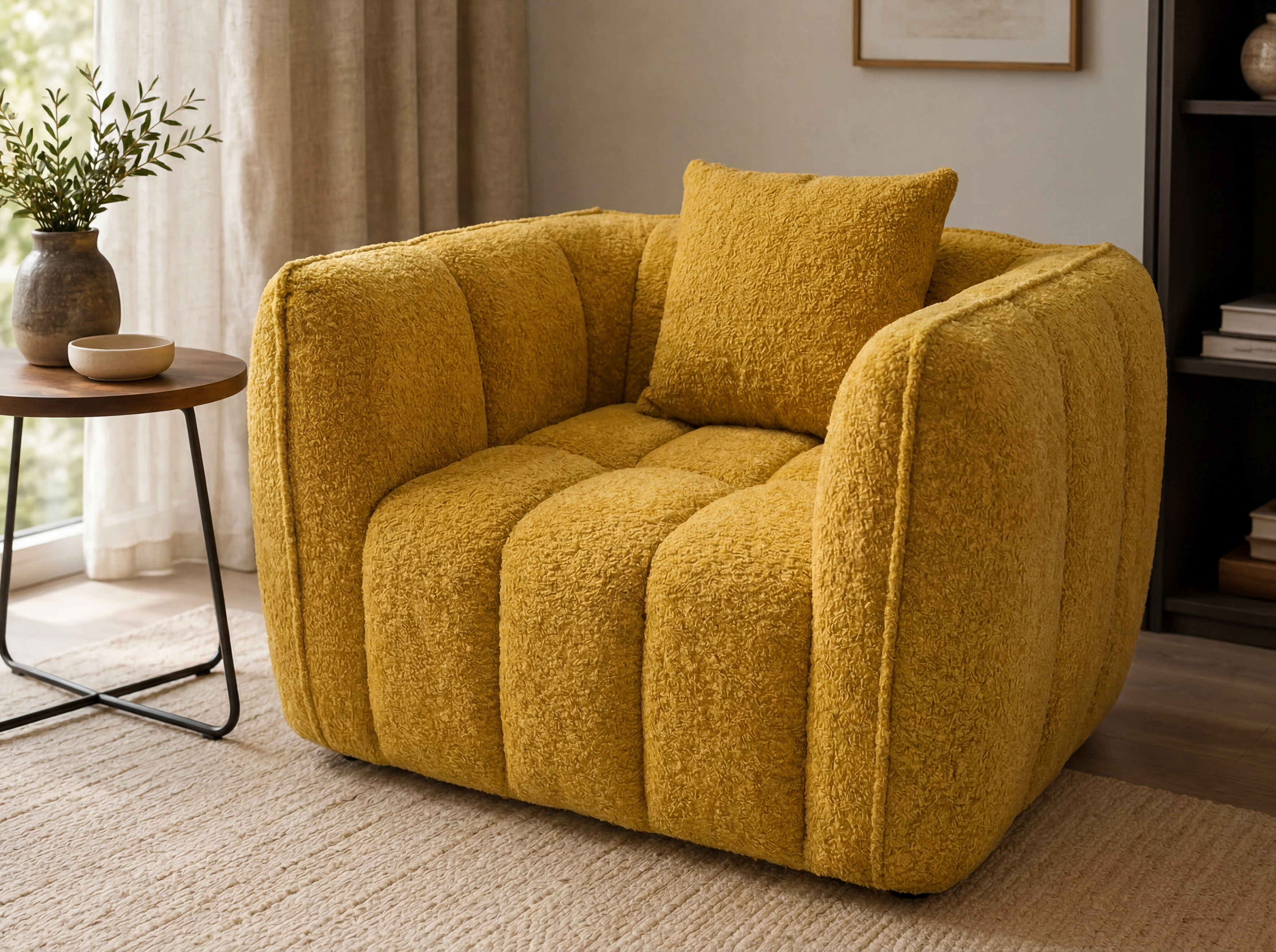 Melo Plush Accent Lounge Chair in Yellow with plush rounded arms and soft seat detail