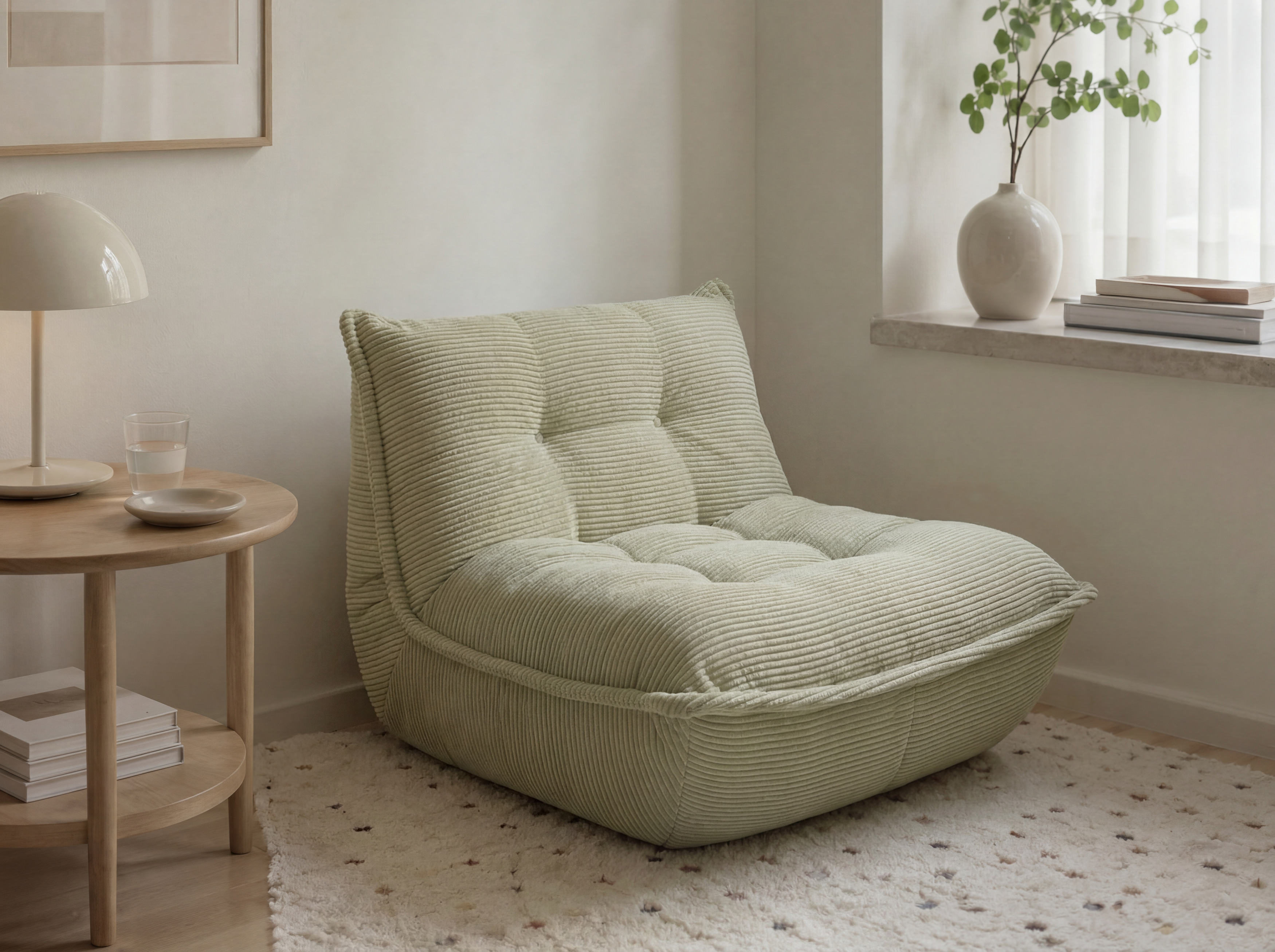 Lune Bouclé Lounge Chair in Moss styled in a soft cozy reading corner