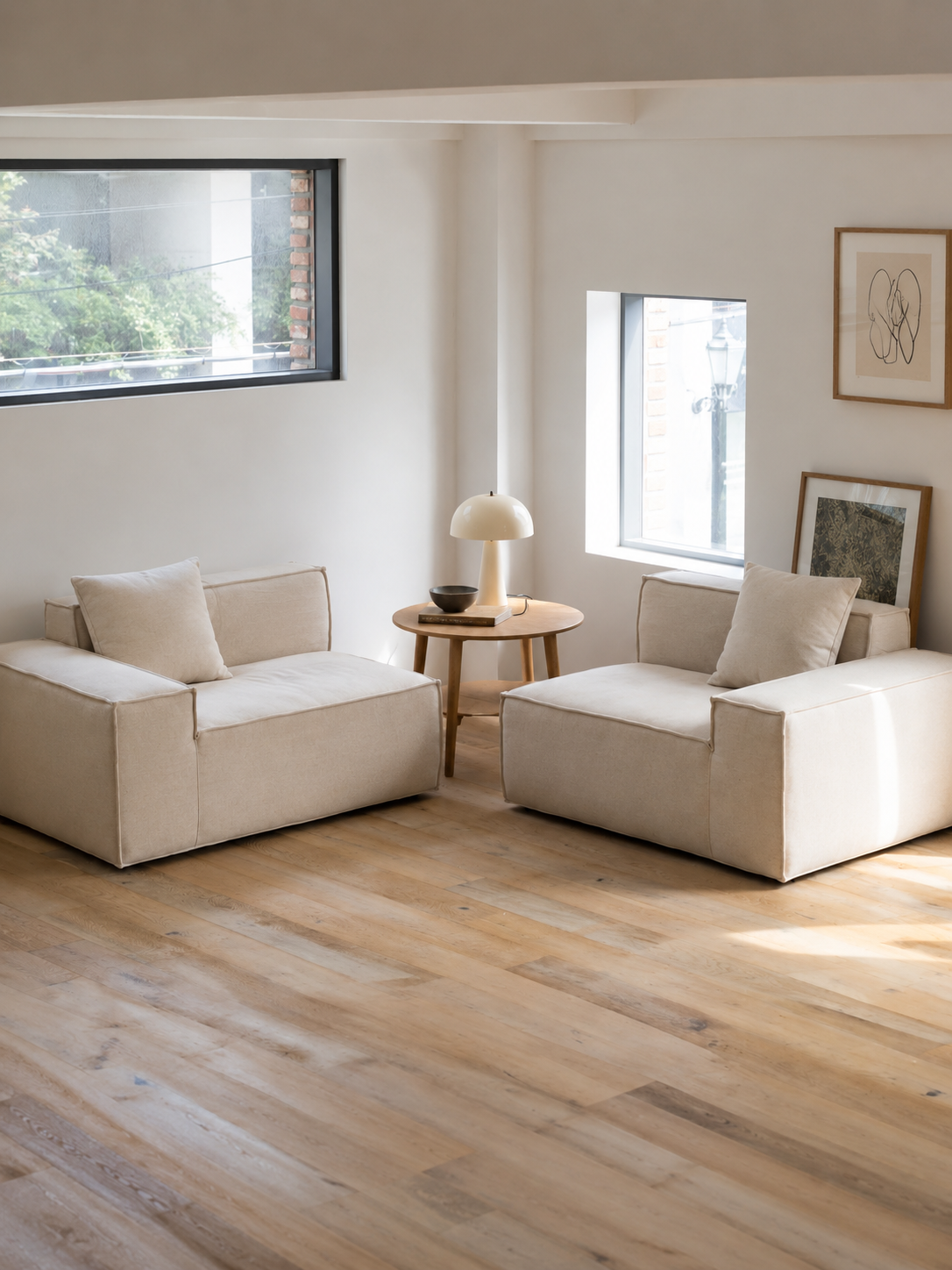 Kivo Modular Block Sectional Sofa modules separated into two lounge seats in a bright living room