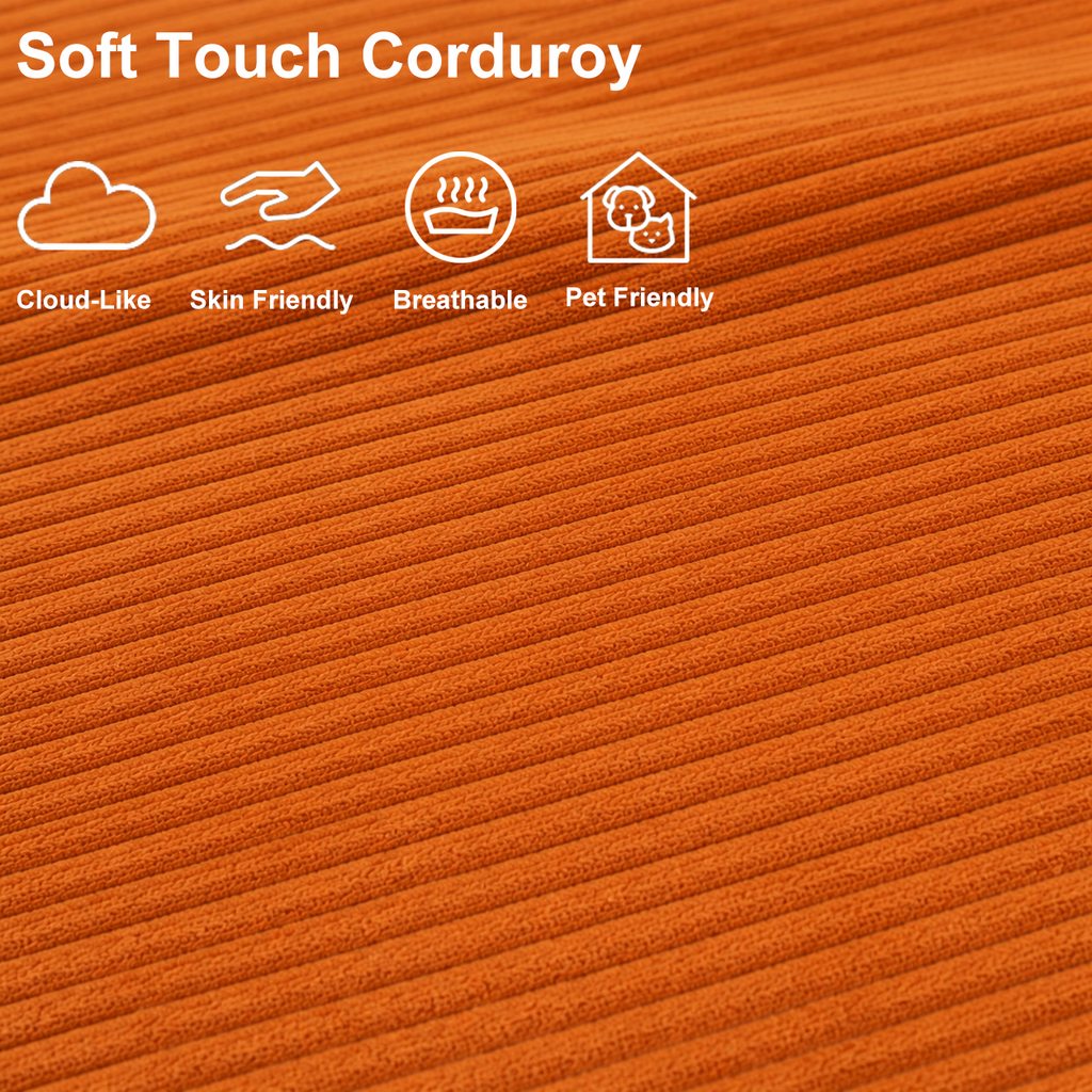 Close-up of vibrant orange plush corduroy fabric with a soft, breathable, skin-friendly and pet-friendly texture.