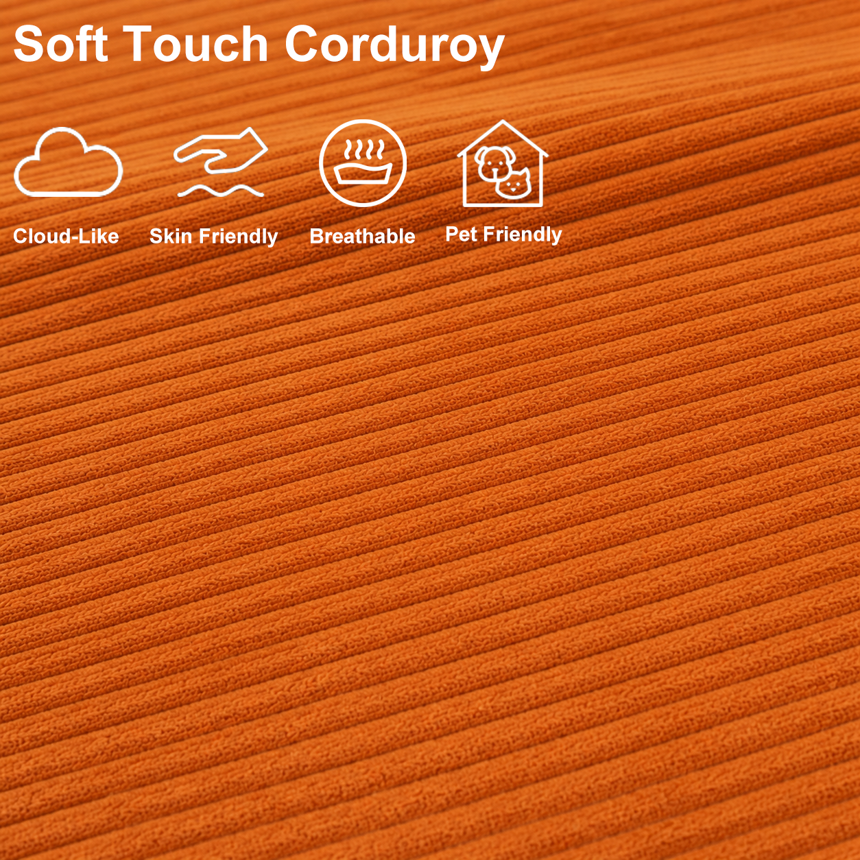 Close-up of vibrant orange plush corduroy fabric with a soft, breathable, skin-friendly and pet-friendly texture.