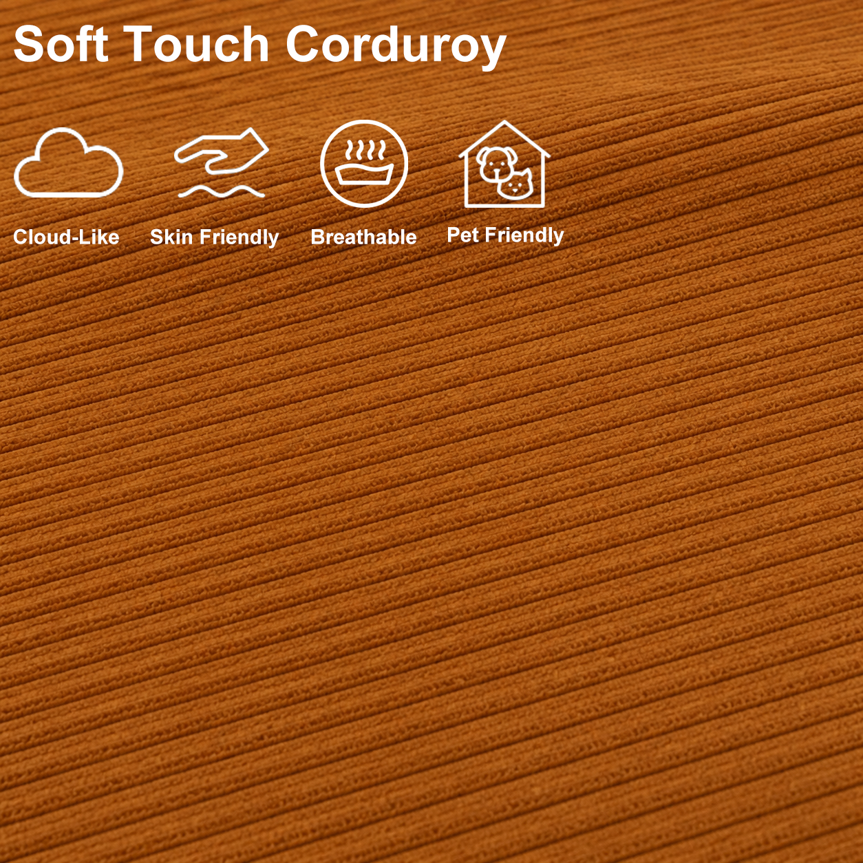 Close-up of warm brown plush corduroy fabric with a soft, breathable, skin-friendly and pet-friendly texture.