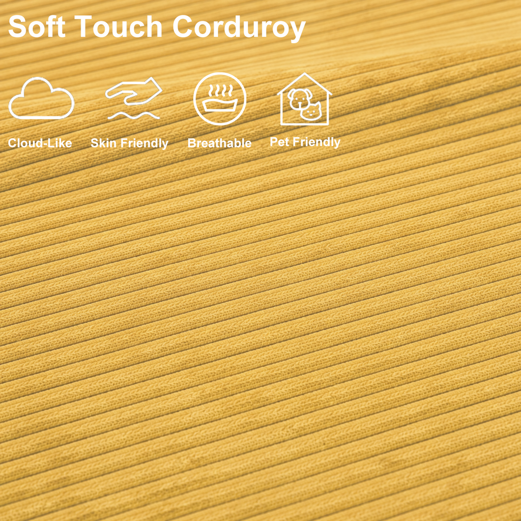 Close-up of light yellow plush corduroy fabric with a soft, breathable, skin-friendly and pet-friendly texture.