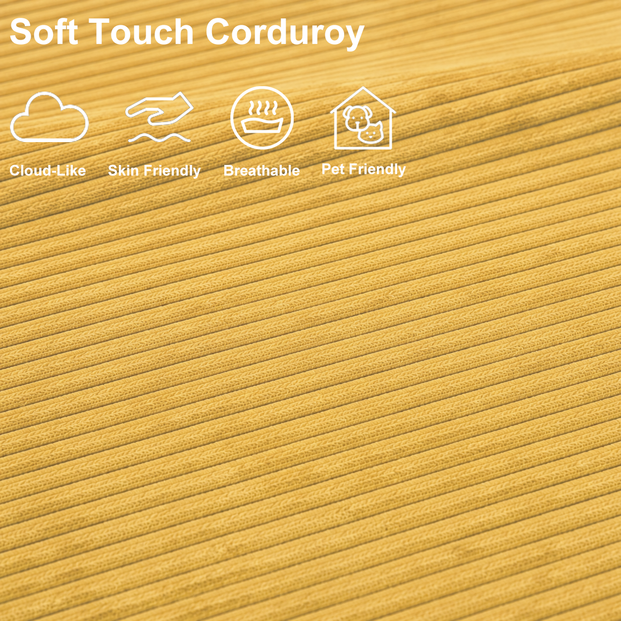 Close-up of light yellow plush corduroy fabric with a soft, breathable, skin-friendly and pet-friendly texture.