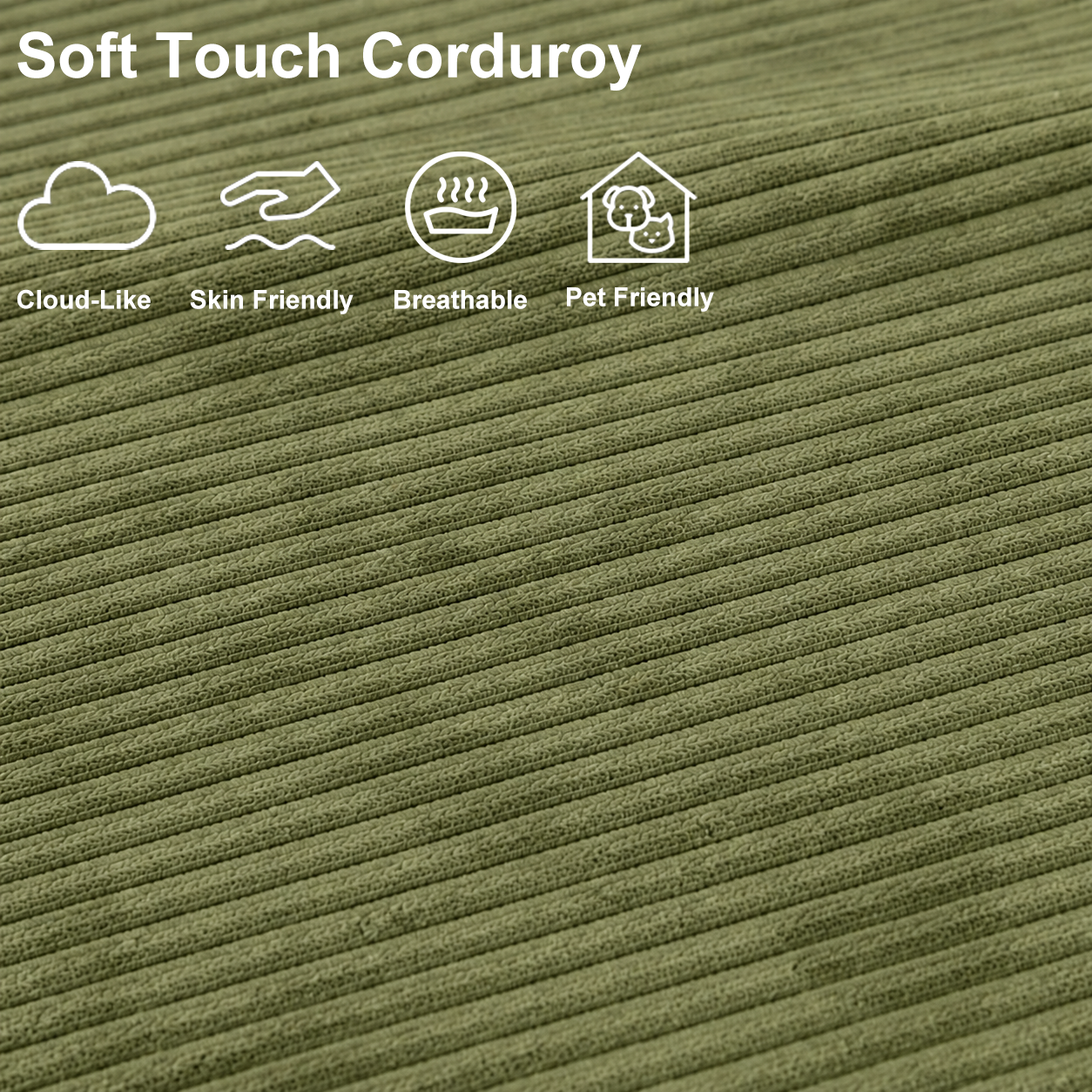 Close-up of olive green plush corduroy fabric with a soft, breathable, skin-friendly and pet-friendly texture.