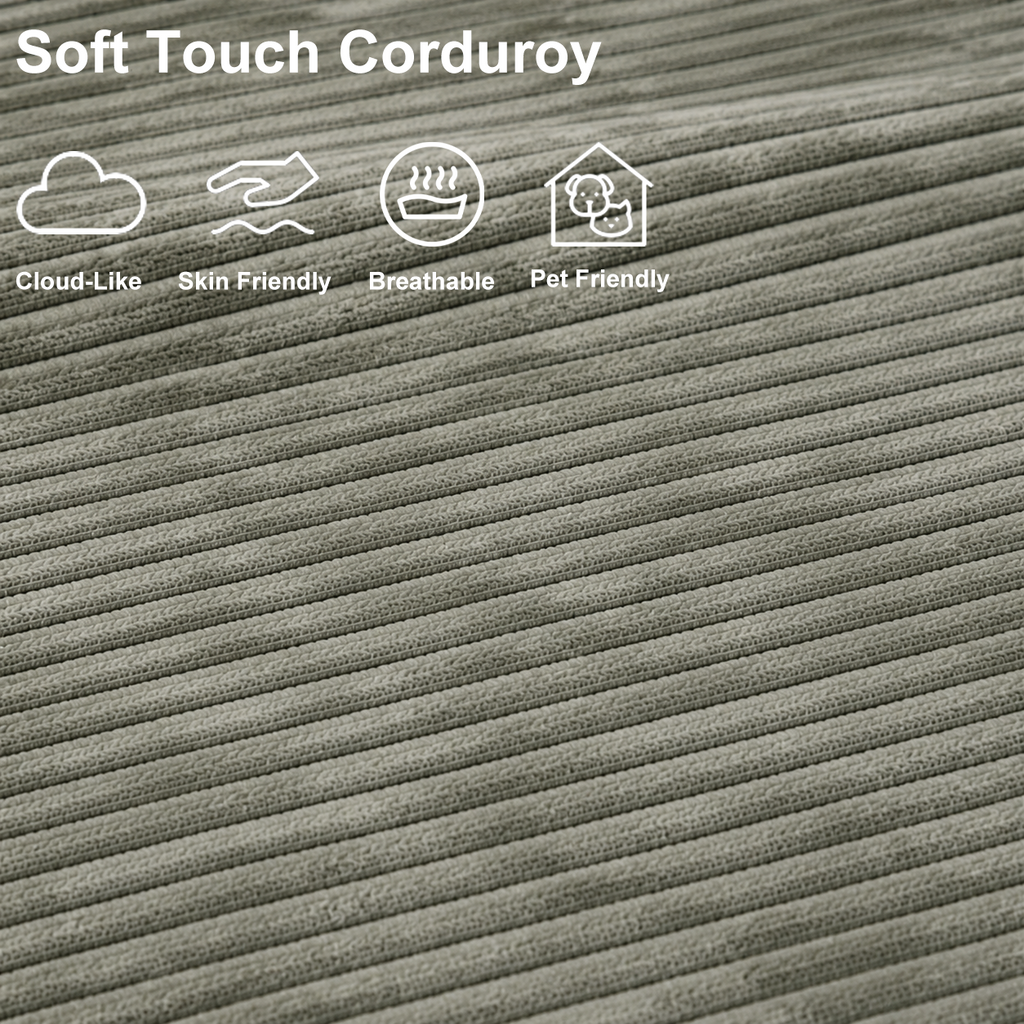 Close-up of sage green corduroy fabric with a cloud-like, soft, breathable, skin-friendly and pet-friendly texture.