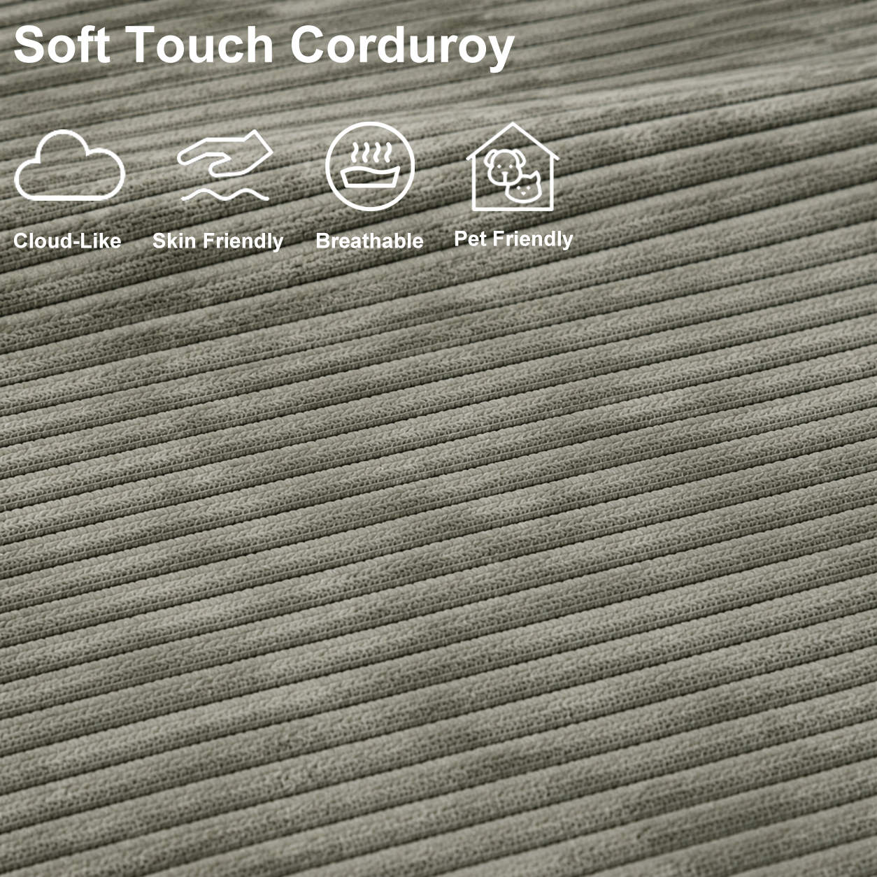 Close-up of sage green corduroy fabric with a cloud-like, soft, breathable, skin-friendly and pet-friendly texture.