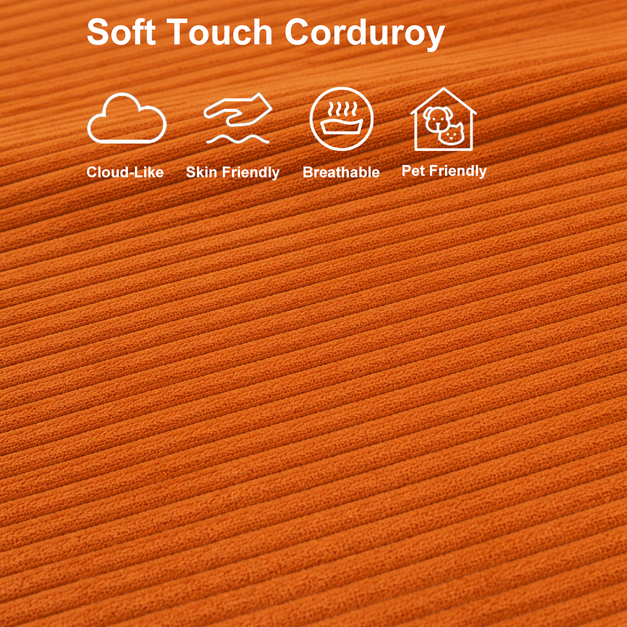 Close-up of vibrant orange plush corduroy fabric with a soft, breathable, skin-friendly and pet-friendly texture.