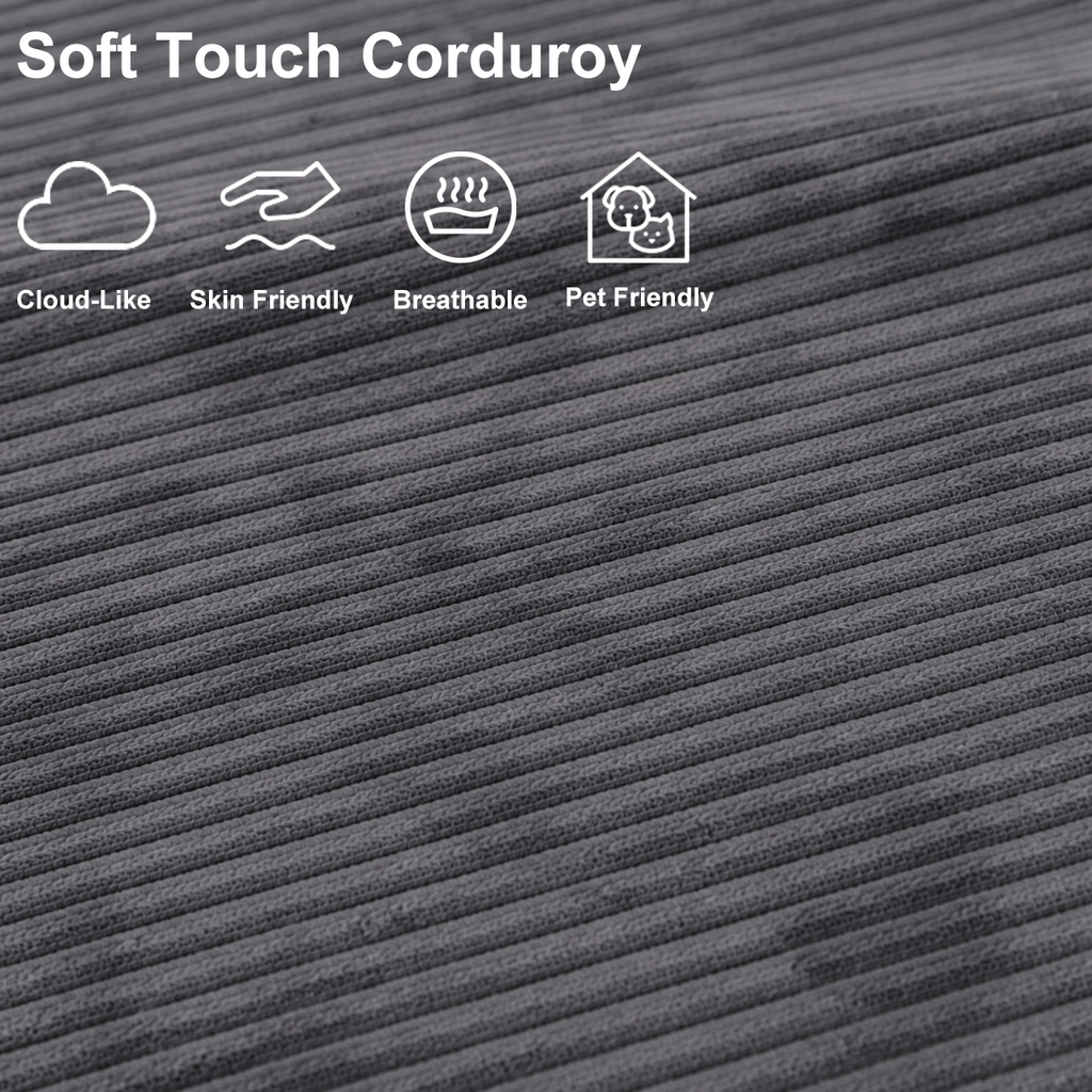 Close-up of gray plush corduroy fabric with a soft, breathable, skin-friendly and pet-friendly texture.