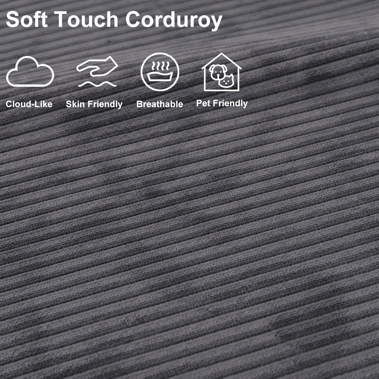 Close-up of gray plush corduroy fabric with a soft, breathable, skin-friendly and pet-friendly texture.