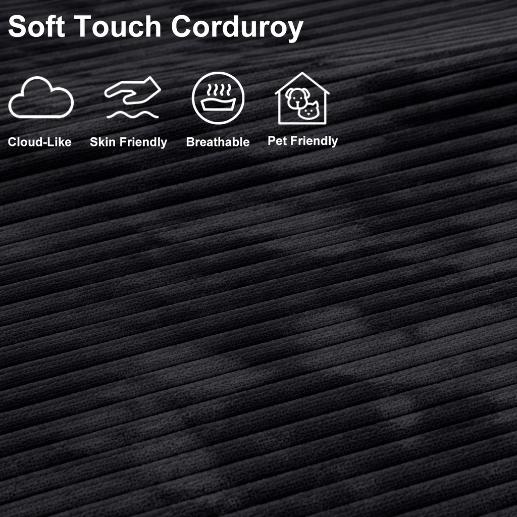 Close-up of black plush corduroy fabric with a soft, breathable, skin-friendly and pet-friendly texture.