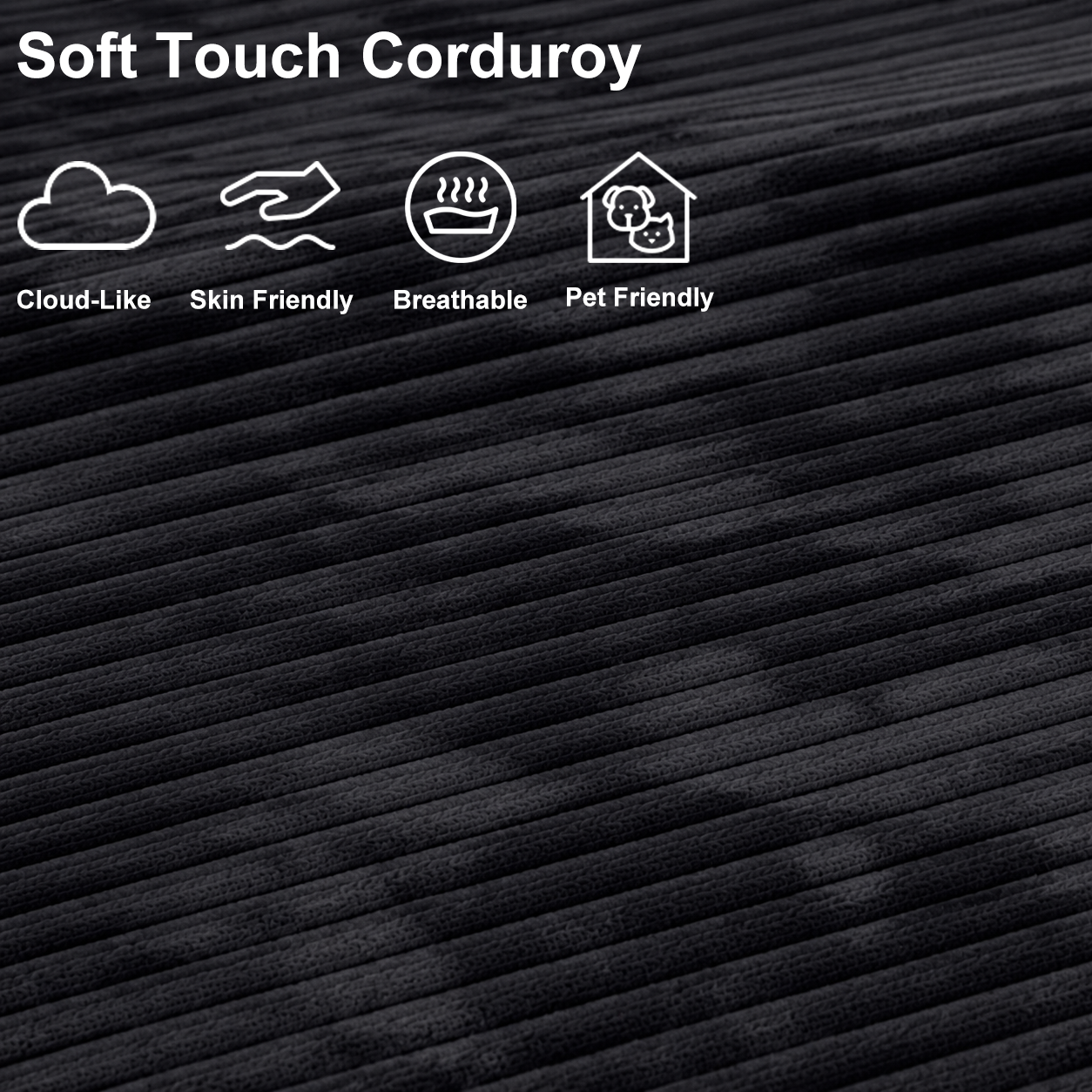 Close-up of black plush corduroy fabric with a soft, breathable, skin-friendly and pet-friendly texture.