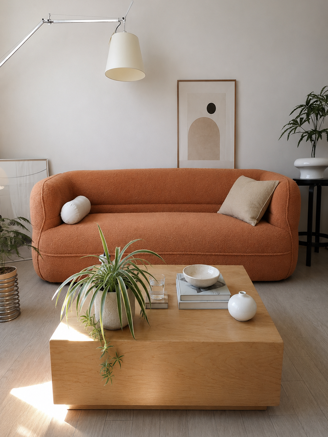 Noma Curved Lounge Loveseat in Tangerine styled in a bright modern living room
