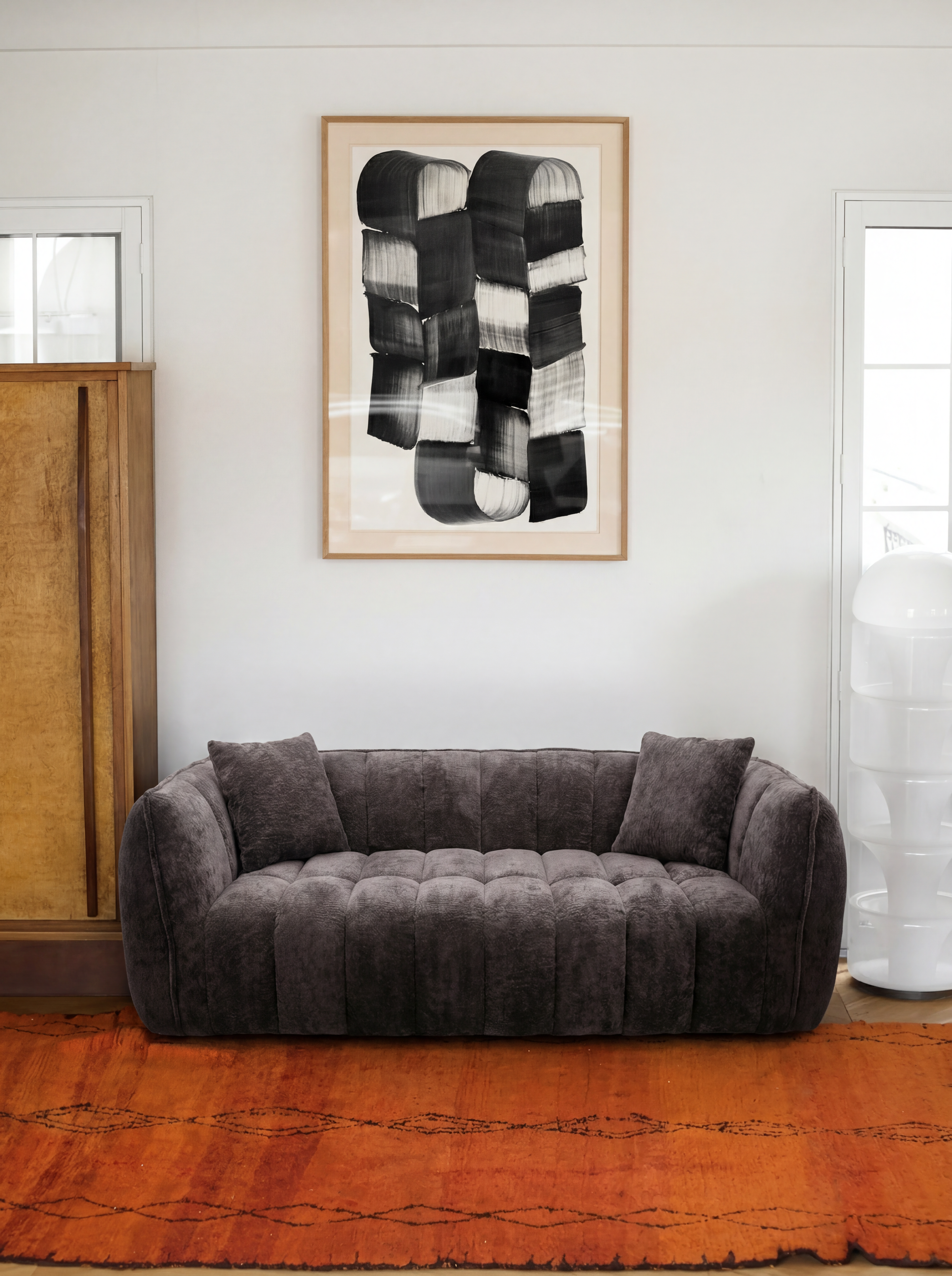 Melo Charcoal Plush Loveseat armrest detail with plush corduroy upholstery