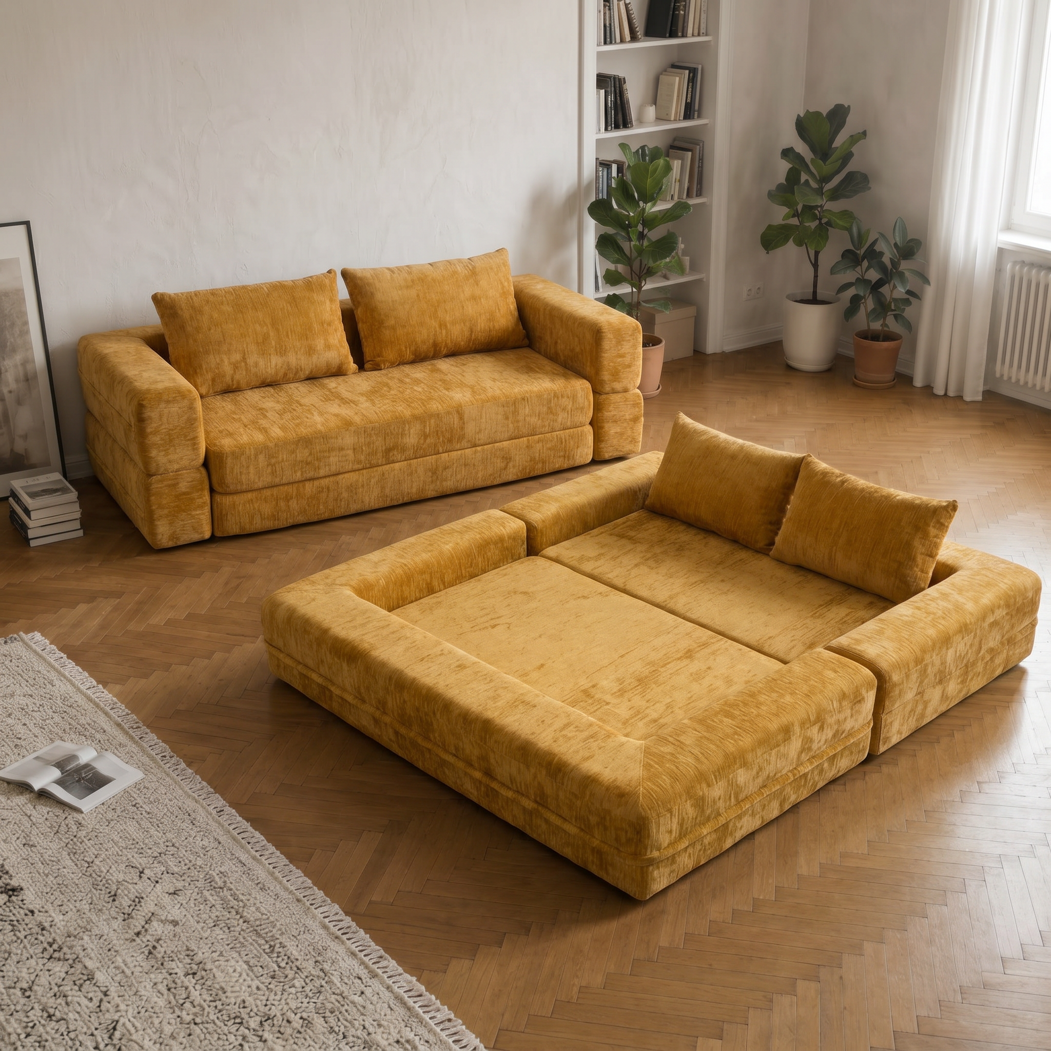 Nido Lounge Bed Sofa in Yellow showing sofa-to-bed conversion in a modern living room