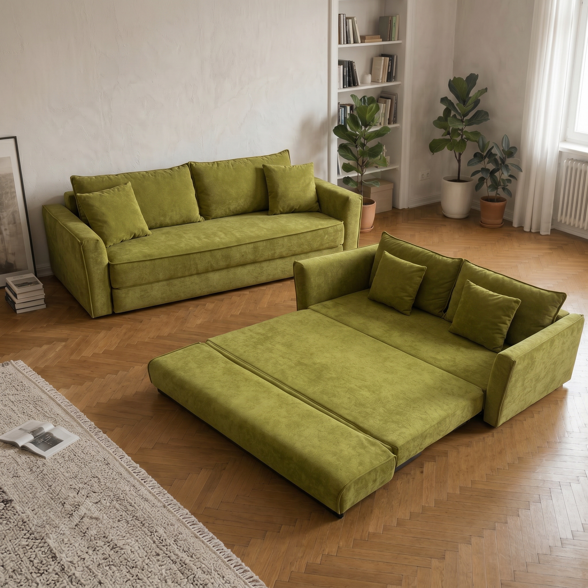 Terra Low-Profile Sleeper Sofa in Moss shown in both sofa and bed layouts