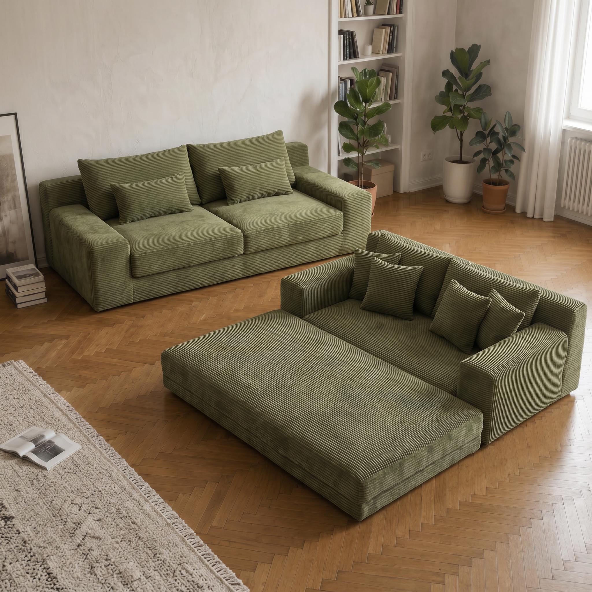 Haven Low-Profile Sleeper Sofa in Moss shown in both sofa and lounge bed layouts