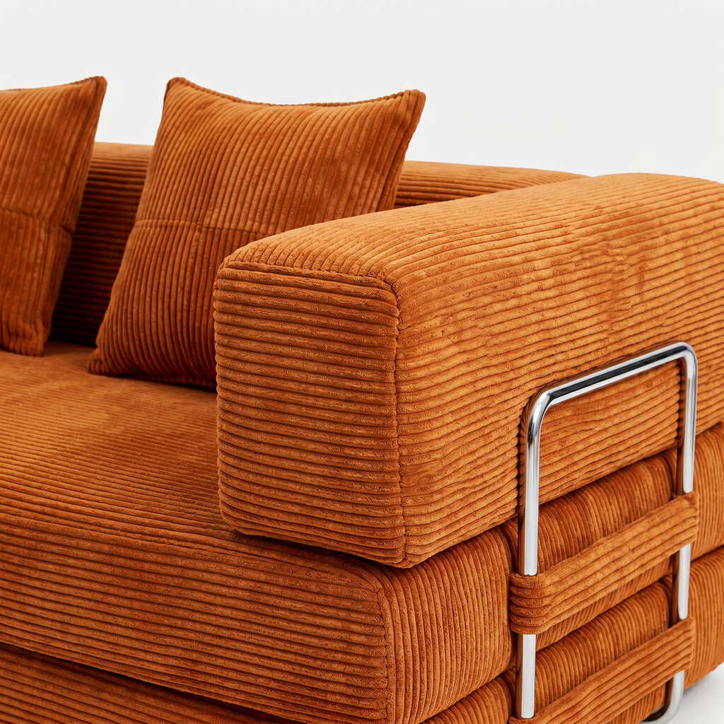 Milo Corduroy Sleeper Sofa in Tangerine close-up with pillows, armrest, and metal support detail